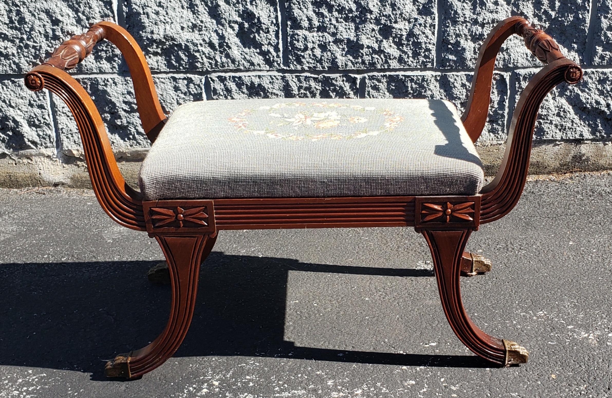 20th Century 1930s Berg Furniture Regency Mahogany Floral Needlepoint Arm Settee Bench