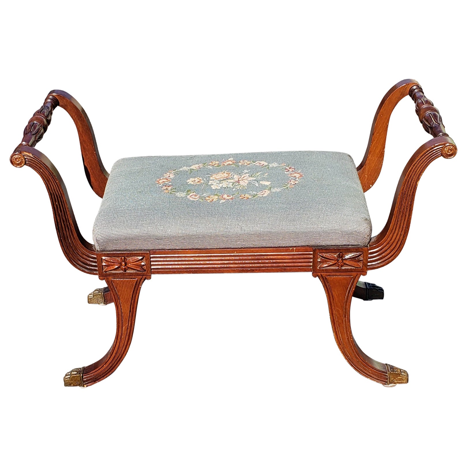 1930s Berg Furniture Regency Mahogany Floral Needlepoint Arm Settee Bench