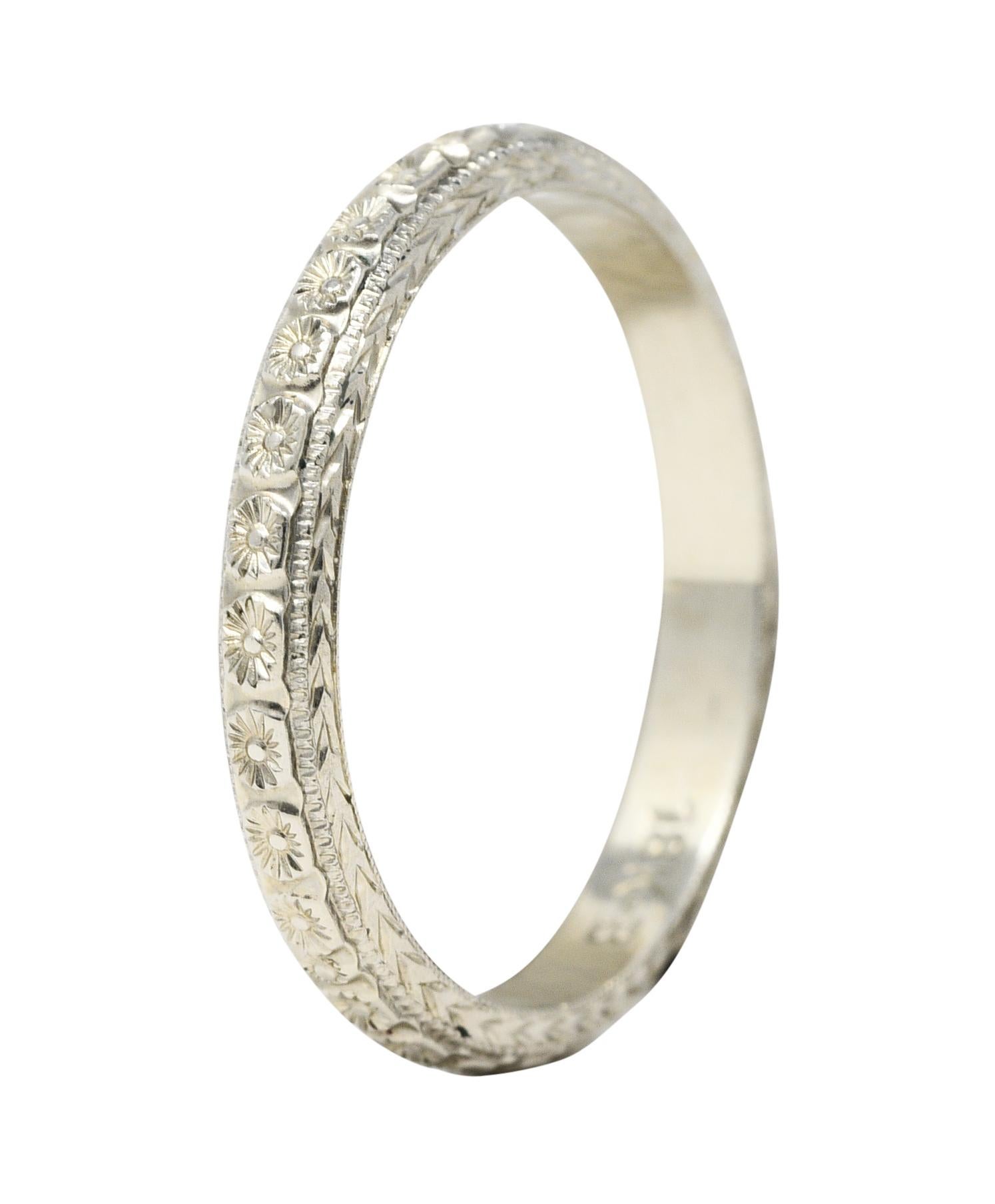 1930's Bernstein Jewelry Co. 18 Karat White Gold Blossom Wedding Band Ring In Excellent Condition In Philadelphia, PA