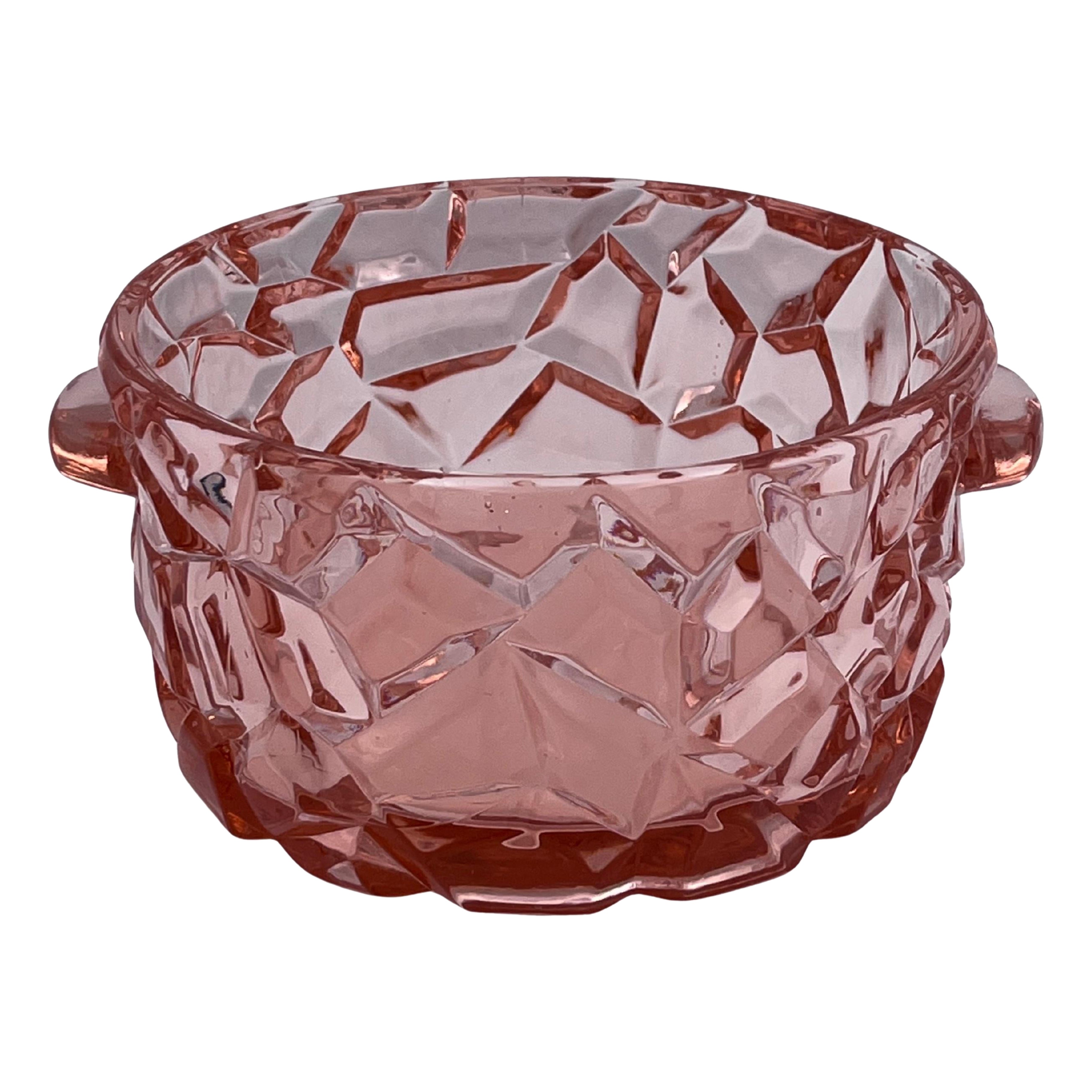 1930s Berry Pink Art Deco Glass Sugar Bowl / Candy Dish in a Cubist Rock Pattern For Sale
