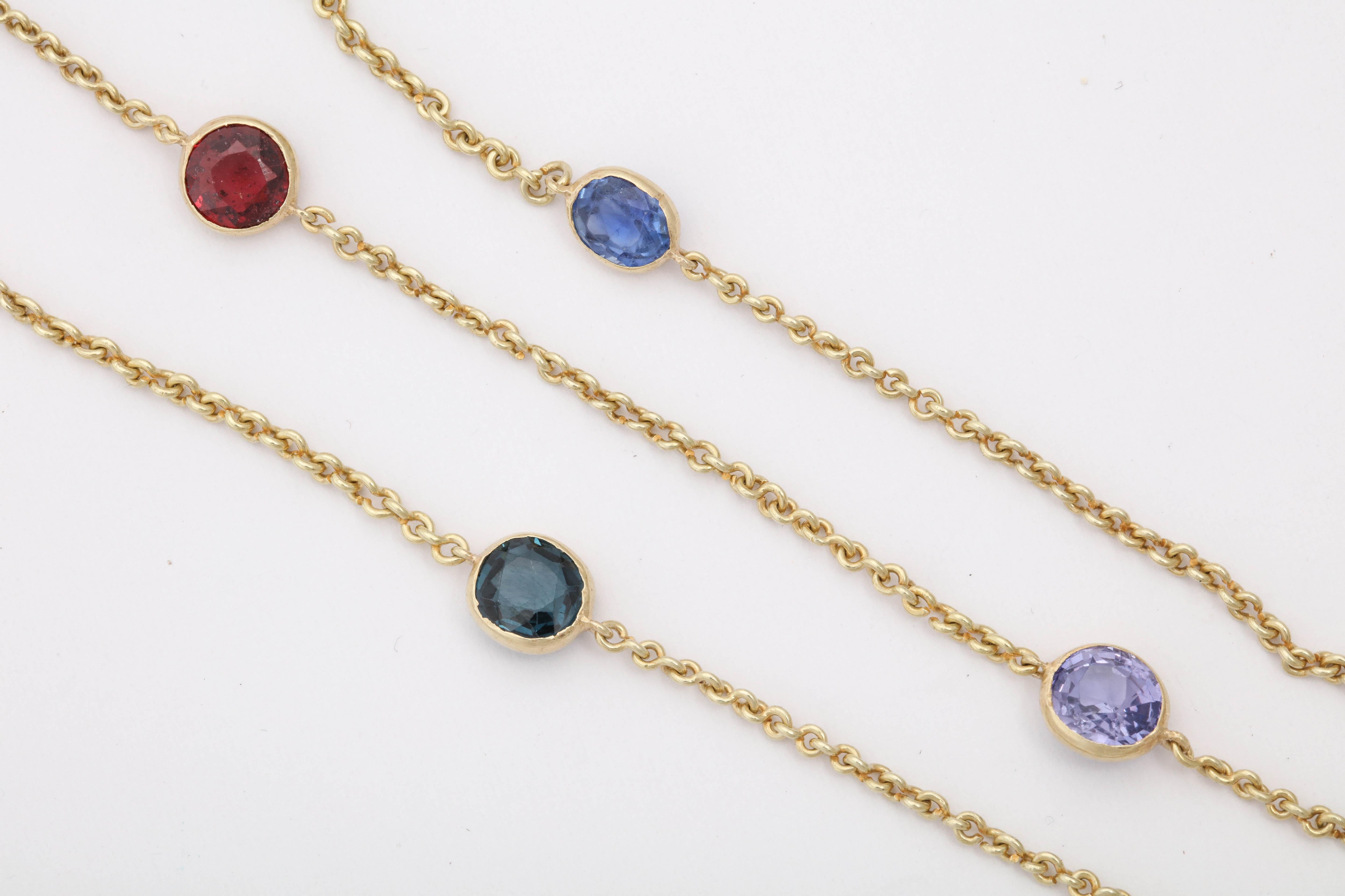 Round Cut 1930s Bezel Set Multicolored Sapphires by the Yard Long Gold Link Chain Necklace