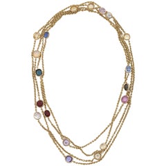 1930s Bezel Set Multicolored Sapphires by the Yard Long Gold Link Chain Necklace