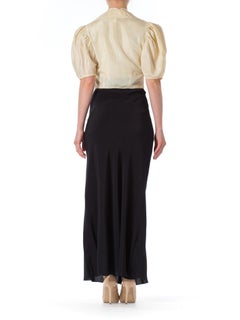 1930S Black & White Bias Cut Rayon Crepe Bow Neck Gown With Moiré Taffeta Bodic