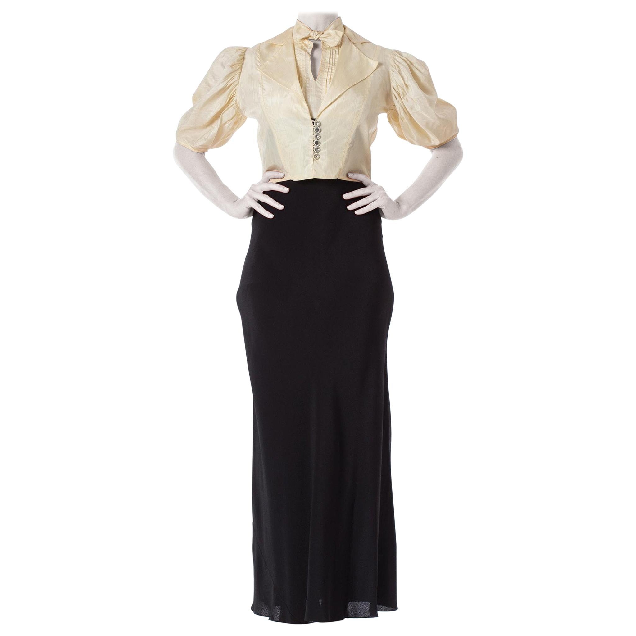 1930S Black & White Bias Cut Rayon Crepe Bow Neck Gown With Moiré Taffeta Bodic