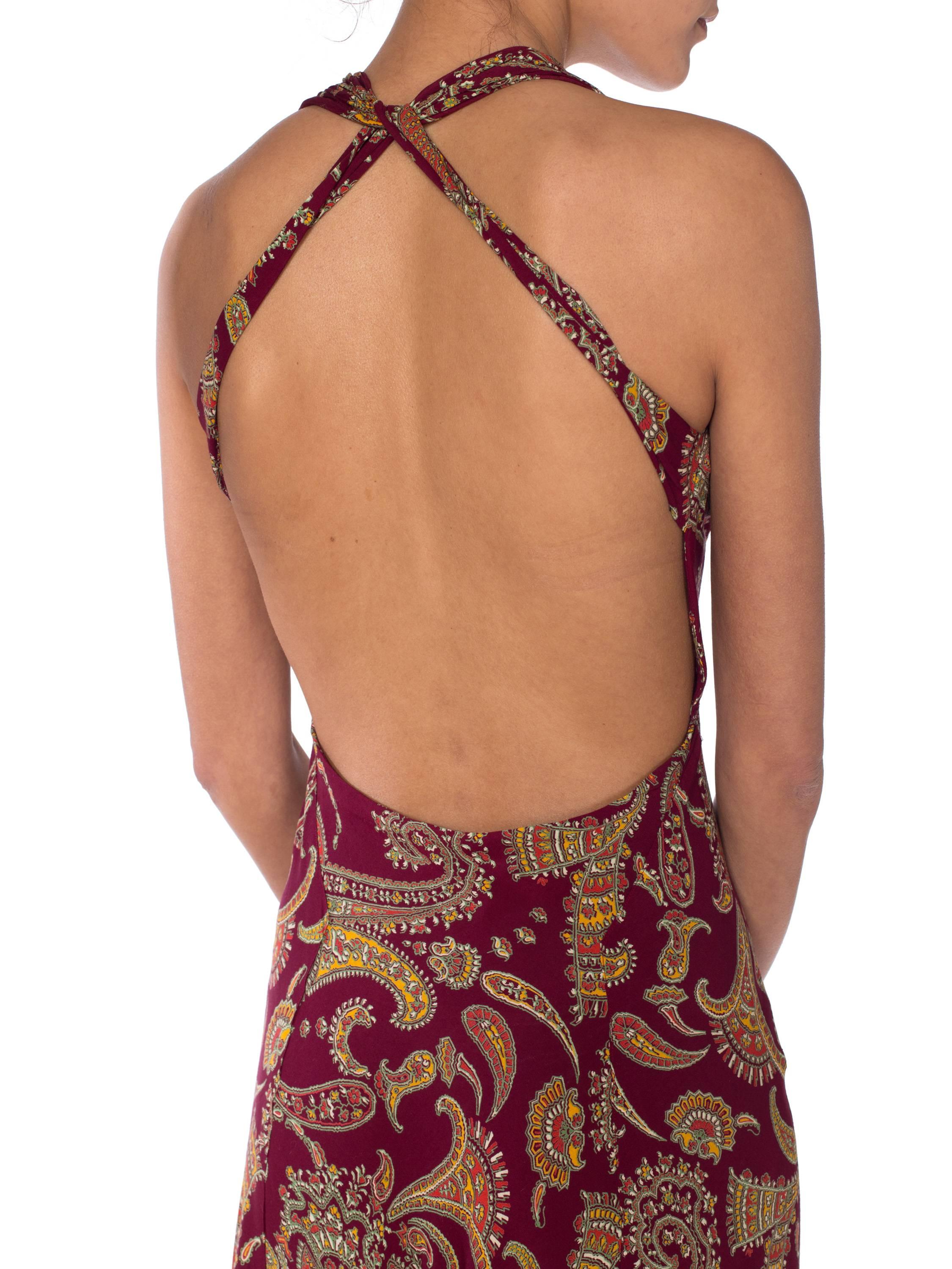 1930S Cranberry Red Paisley Rayon Backless Bias Cut Slip Dress For Sale 3