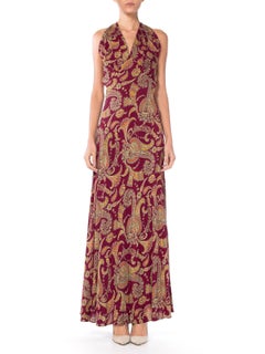 1930S Cranberry Red Paisley Rayon Backless Bias Cut Slip Dress