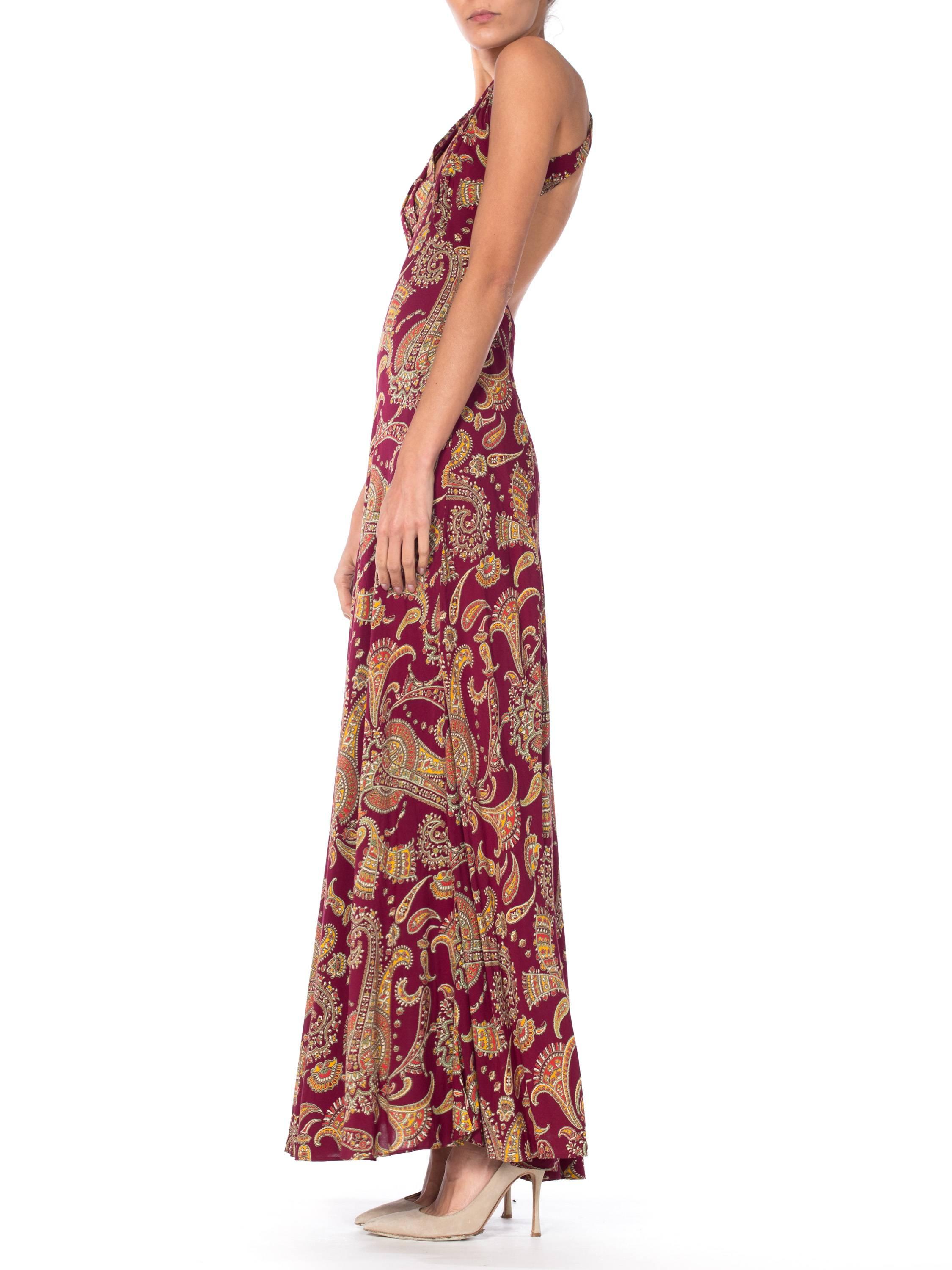 Brown 1930S Cranberry Red Paisley Rayon Backless Bias Cut Slip Dress For Sale