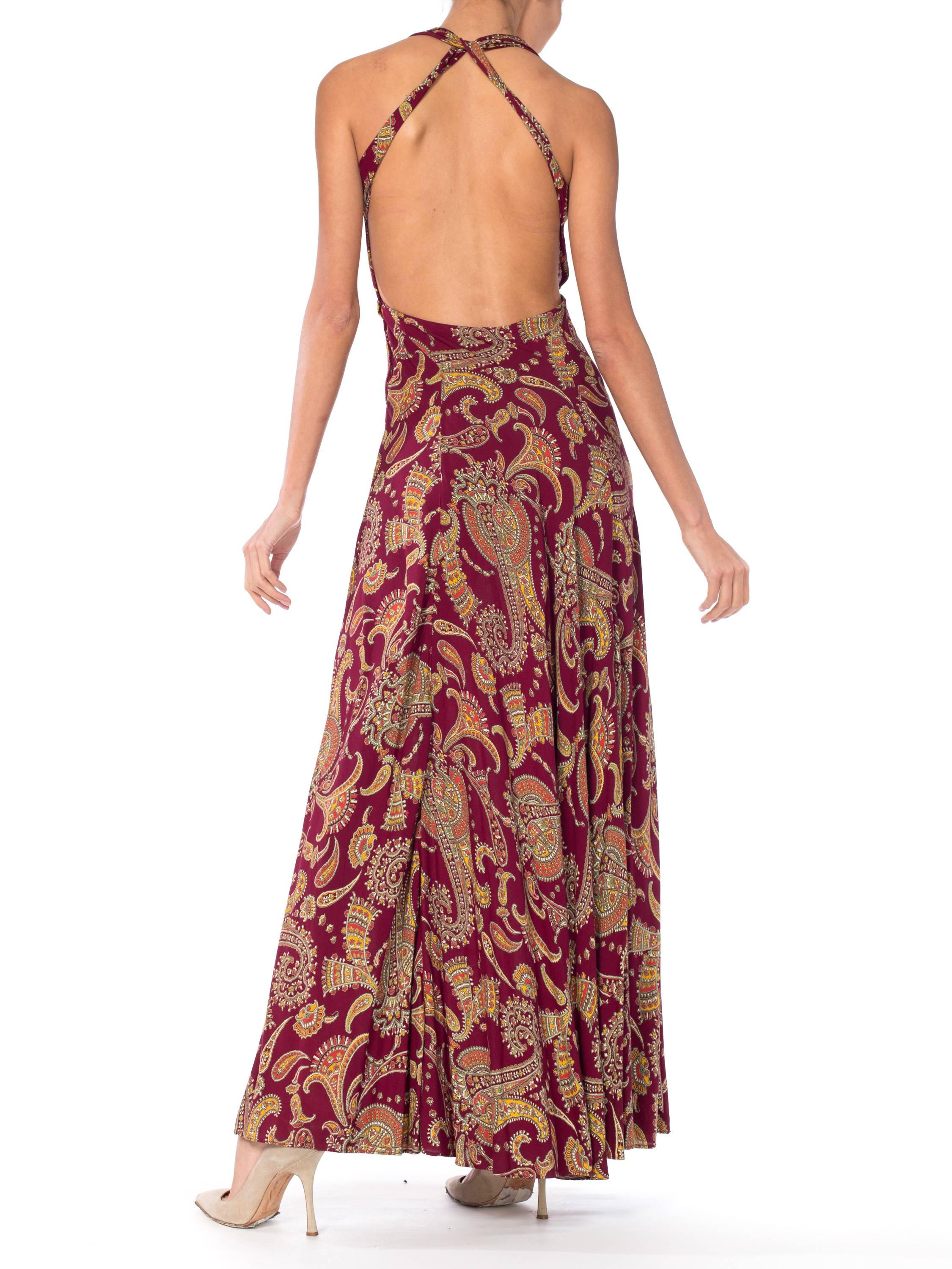 1930S Cranberry Red Paisley Rayon Backless Bias Cut Slip Dress In Excellent Condition For Sale In New York, NY