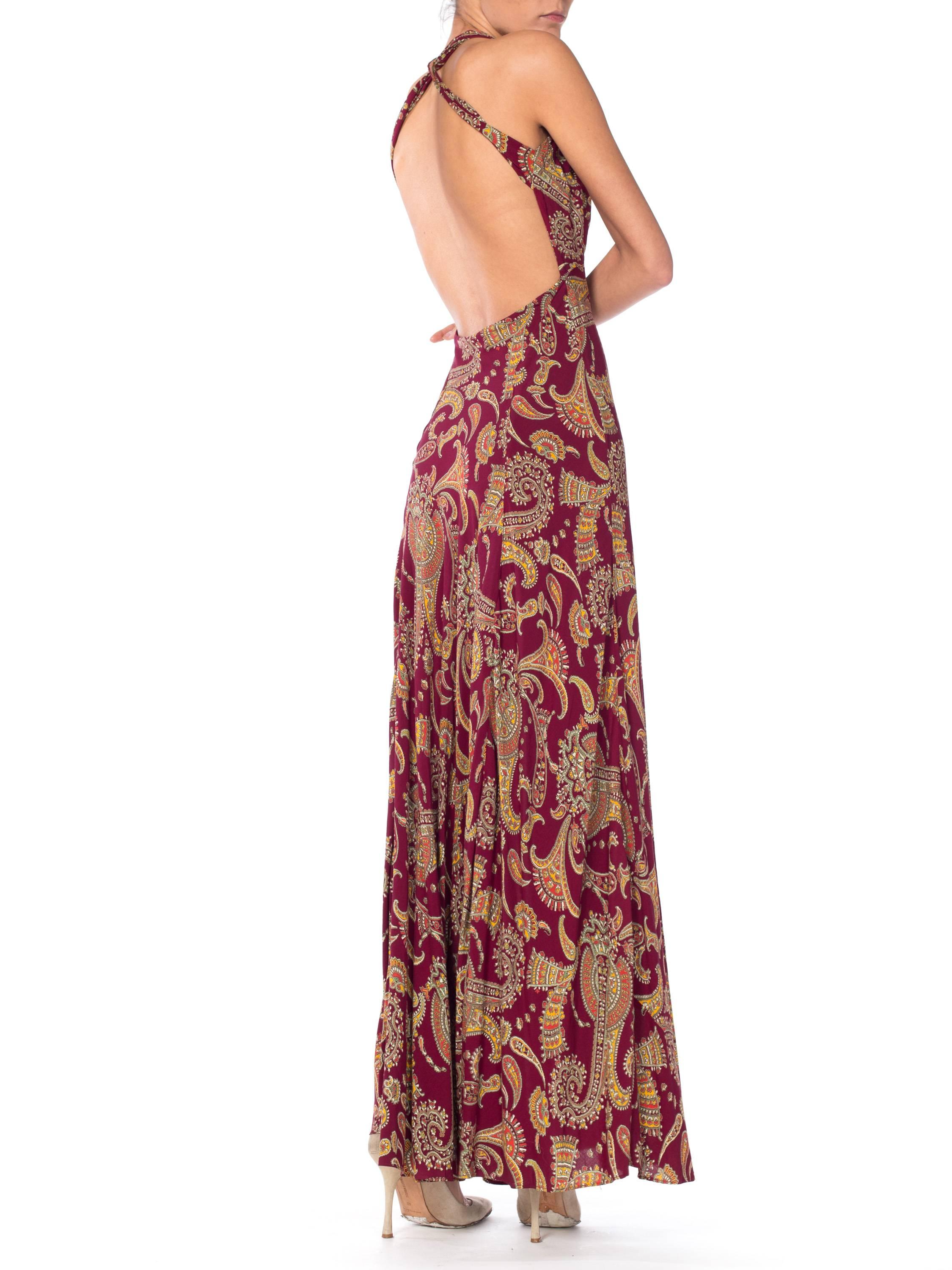 Women's 1930S Cranberry Red Paisley Rayon Backless Bias Cut Slip Dress For Sale