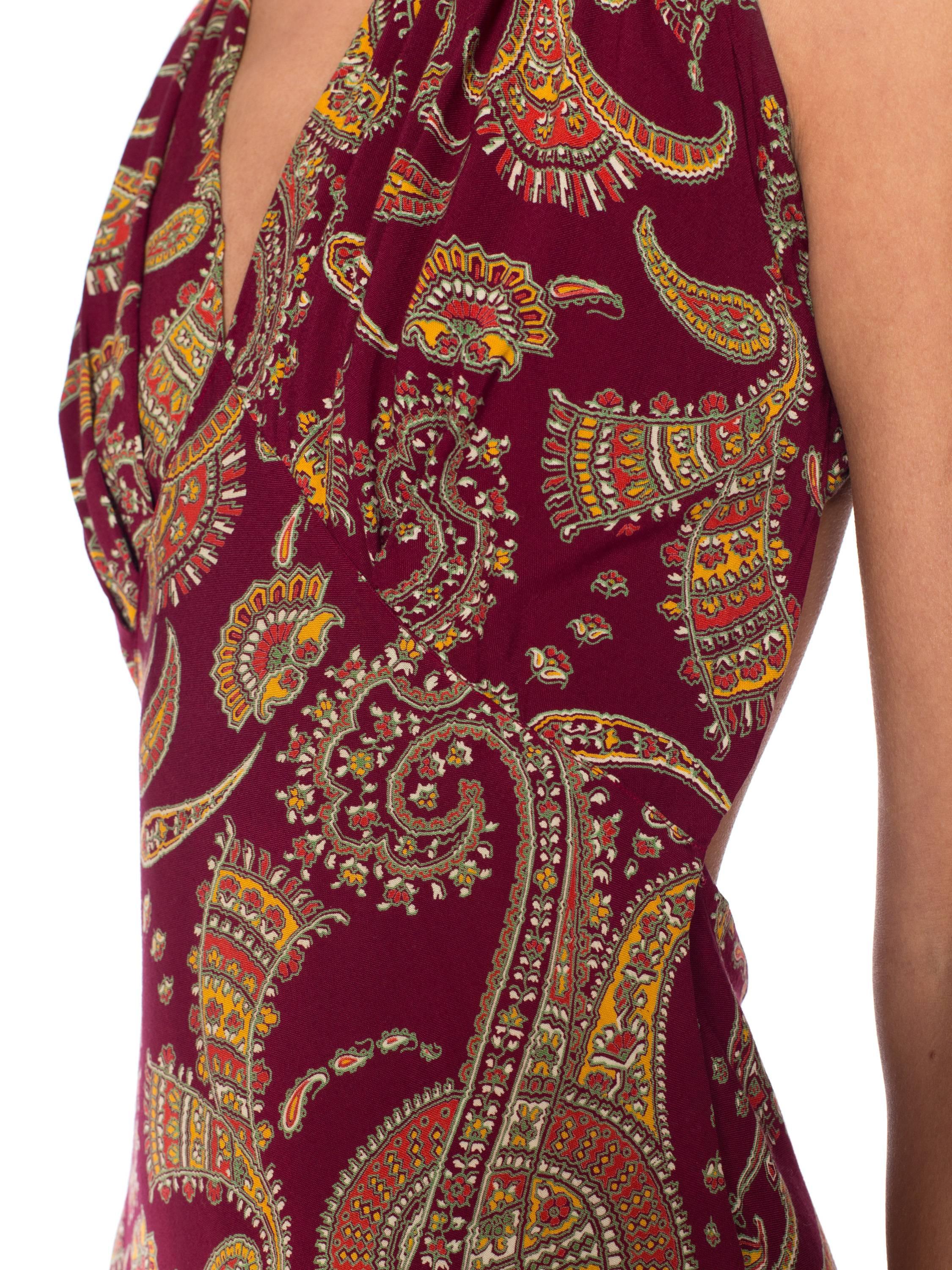 1930S Cranberry Red Paisley Rayon Backless Bias Cut Slip Dress For Sale 1