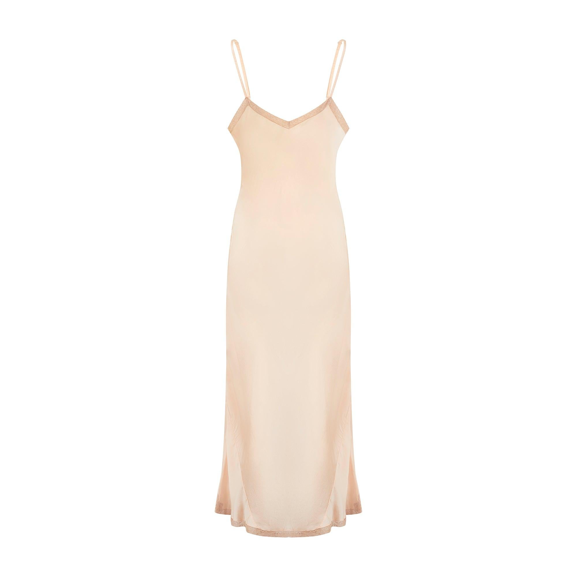 White 1930s Bias Cut Peach Silk Slip Dress with Lace Inserts