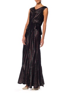 1930S Cranberry Red & Green Silk Taffeta Jacquard Haute Couture Gown With Peplu