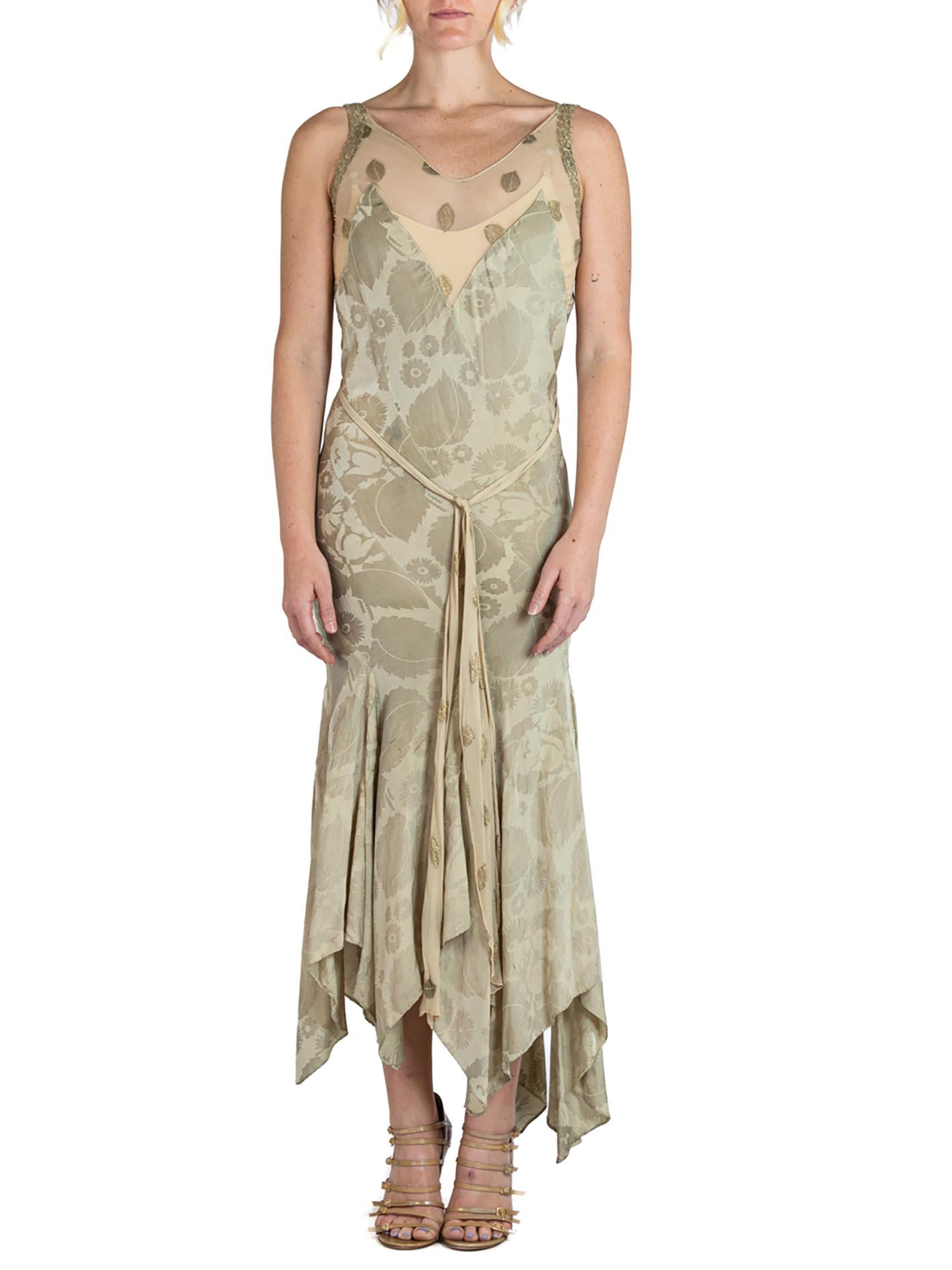 1930S Bias Cut Silk Silver Lamé Floral Jacquard Old Hollywood Gown With Chiffon Waist Tie