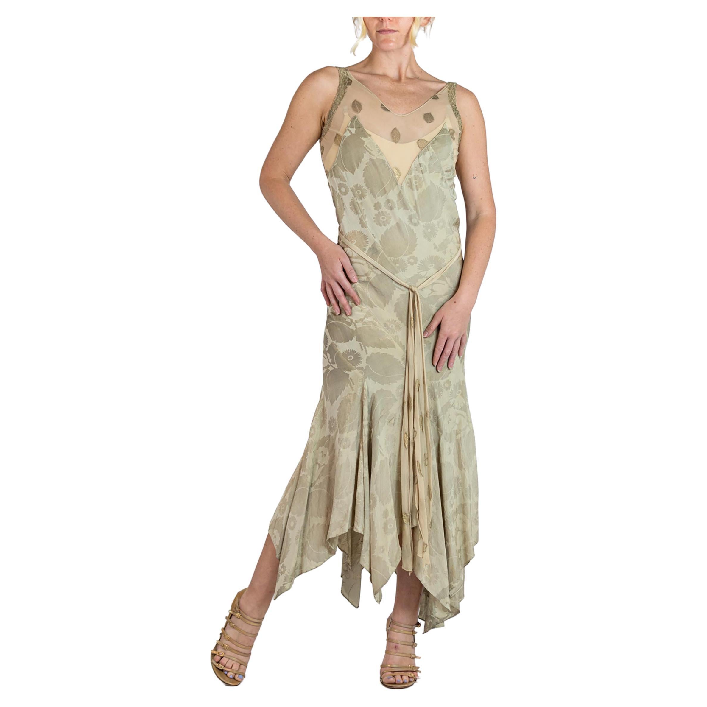 1930S Bias Cut Silk Silver Lamé Floral Jacquard Old Hollywood Gown With Chiffon For Sale
