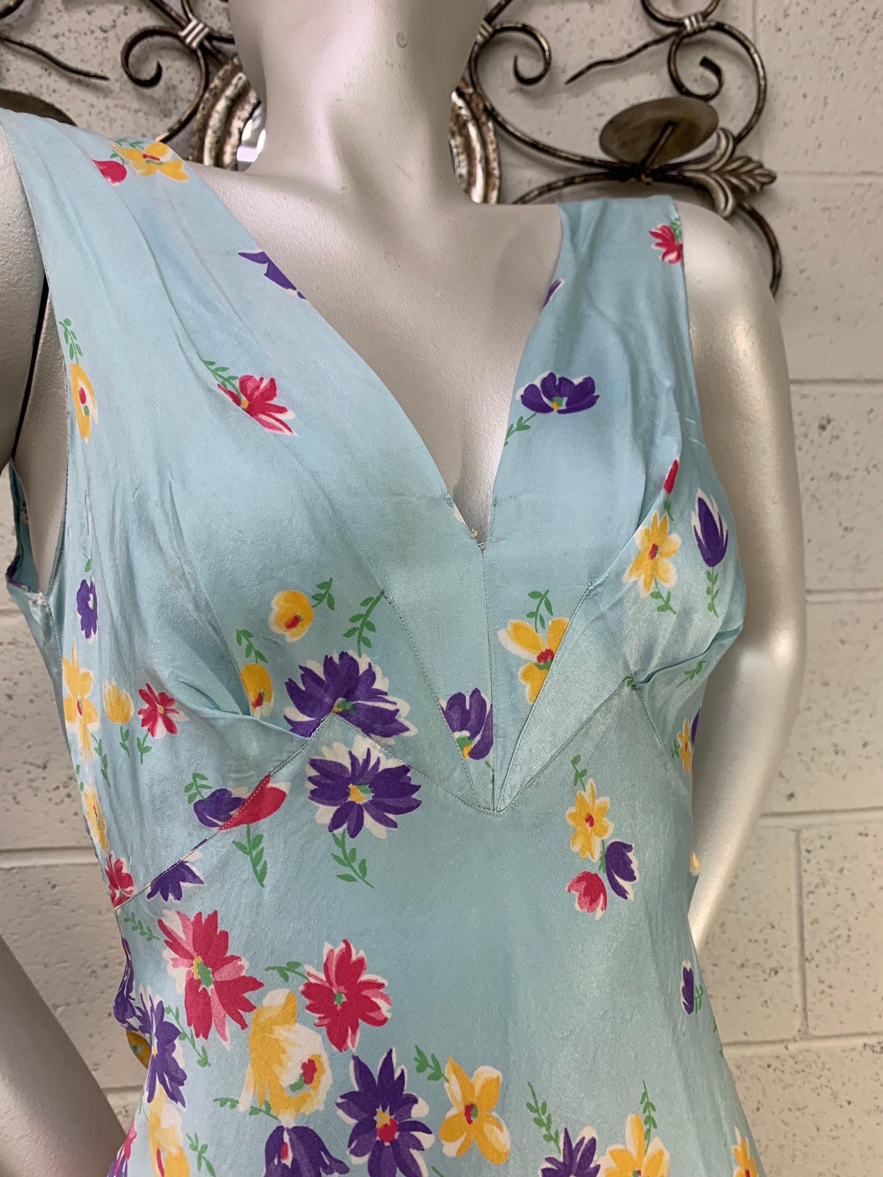 1930s Bias Floral Print Silk Charmeuse Slip Or Negligee On Pale Blue Ground In Excellent Condition In Gresham, OR