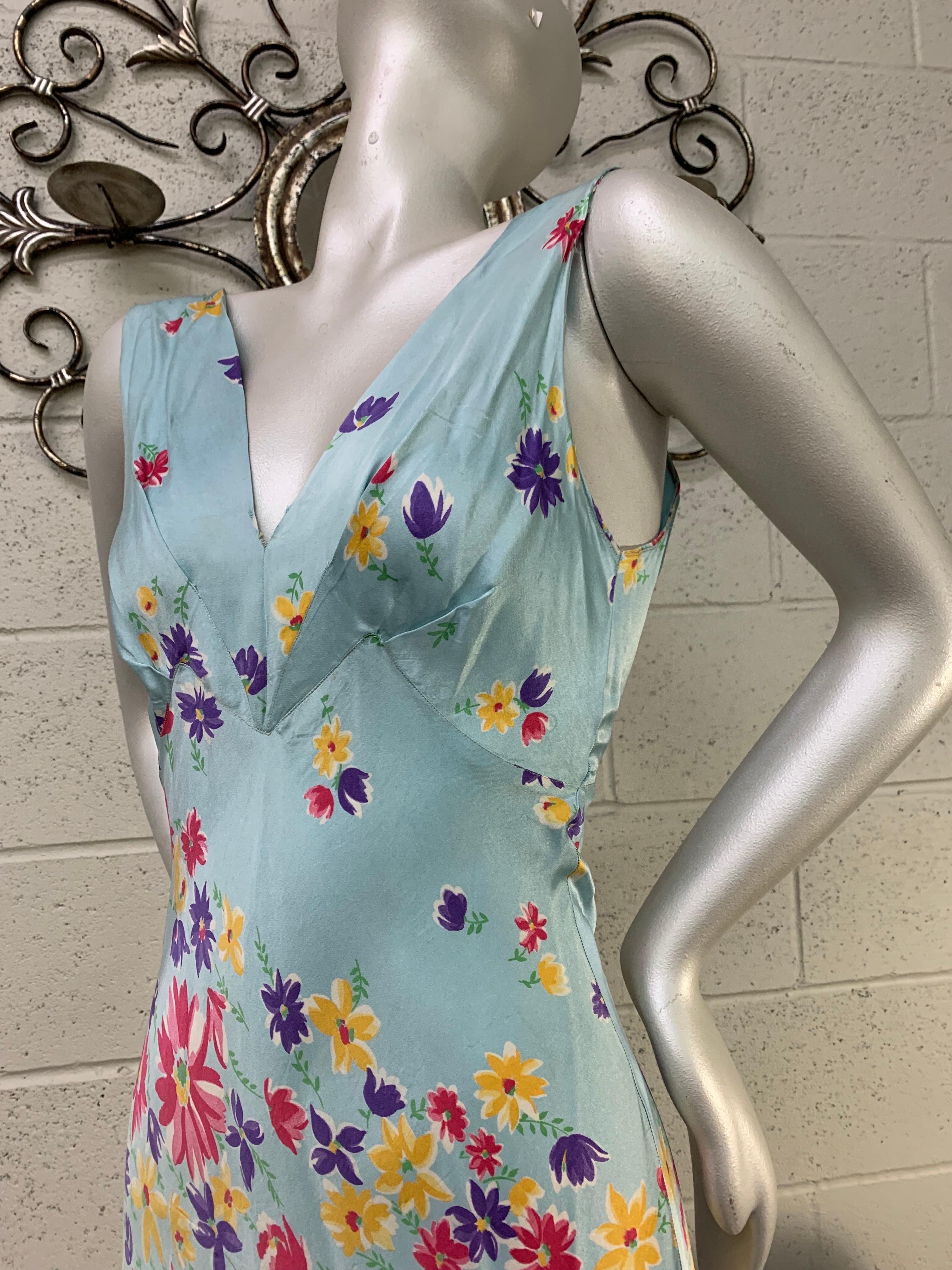 Women's 1930s Bias Floral Print Silk Charmeuse Slip Or Negligee On Pale Blue Ground