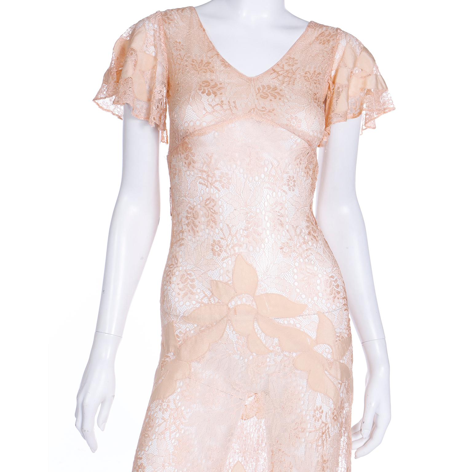 1930s Bias Silk & Lace Vintage Dress in Peach W Appliqués Butterfly Sleeves For Sale 3