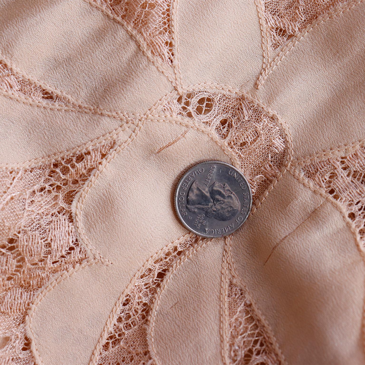 1930s Bias Silk & Lace Vintage Dress in Peach W Appliqués Butterfly Sleeves For Sale 5
