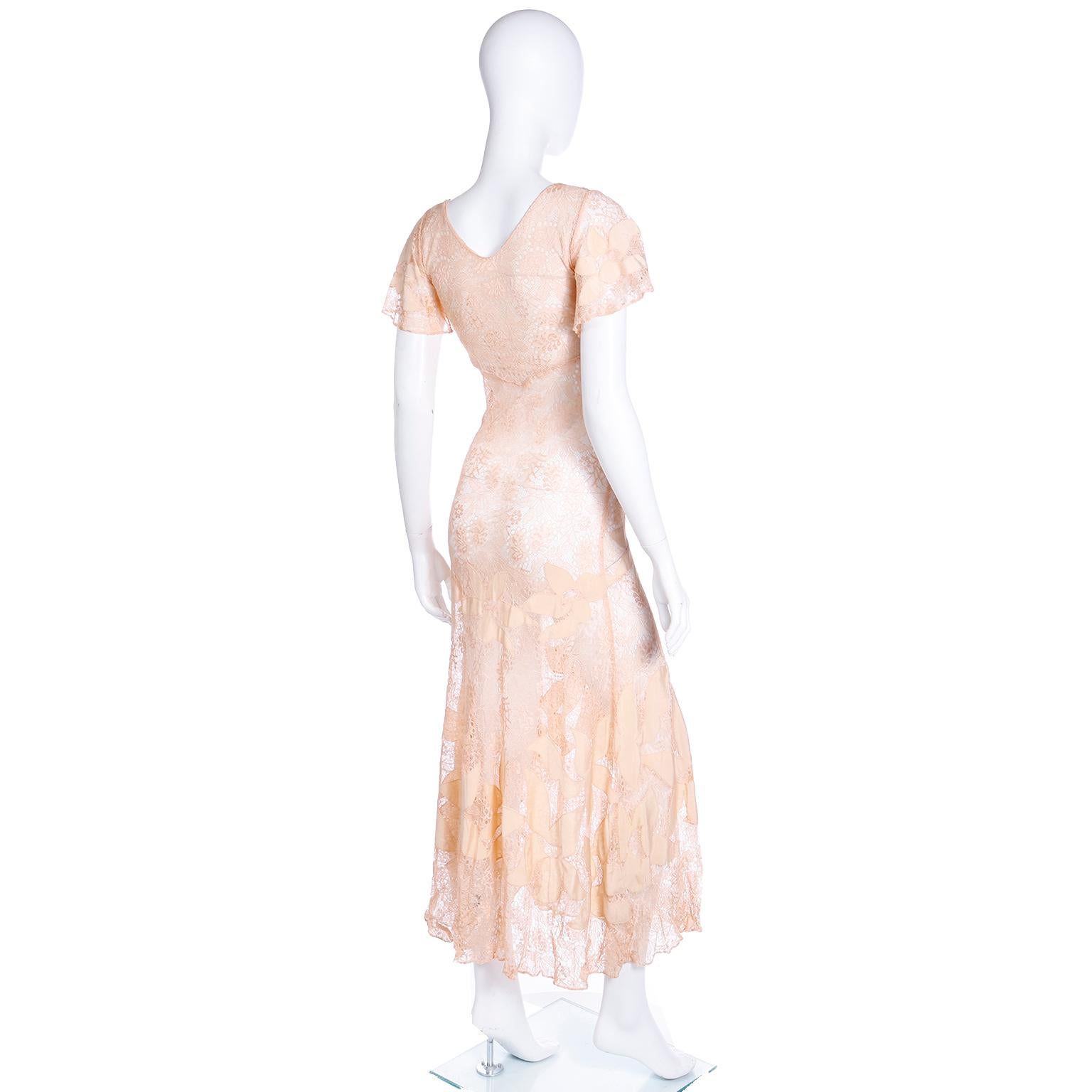 White 1930s Bias Silk & Lace Vintage Dress in Peach W Appliqués Butterfly Sleeves For Sale