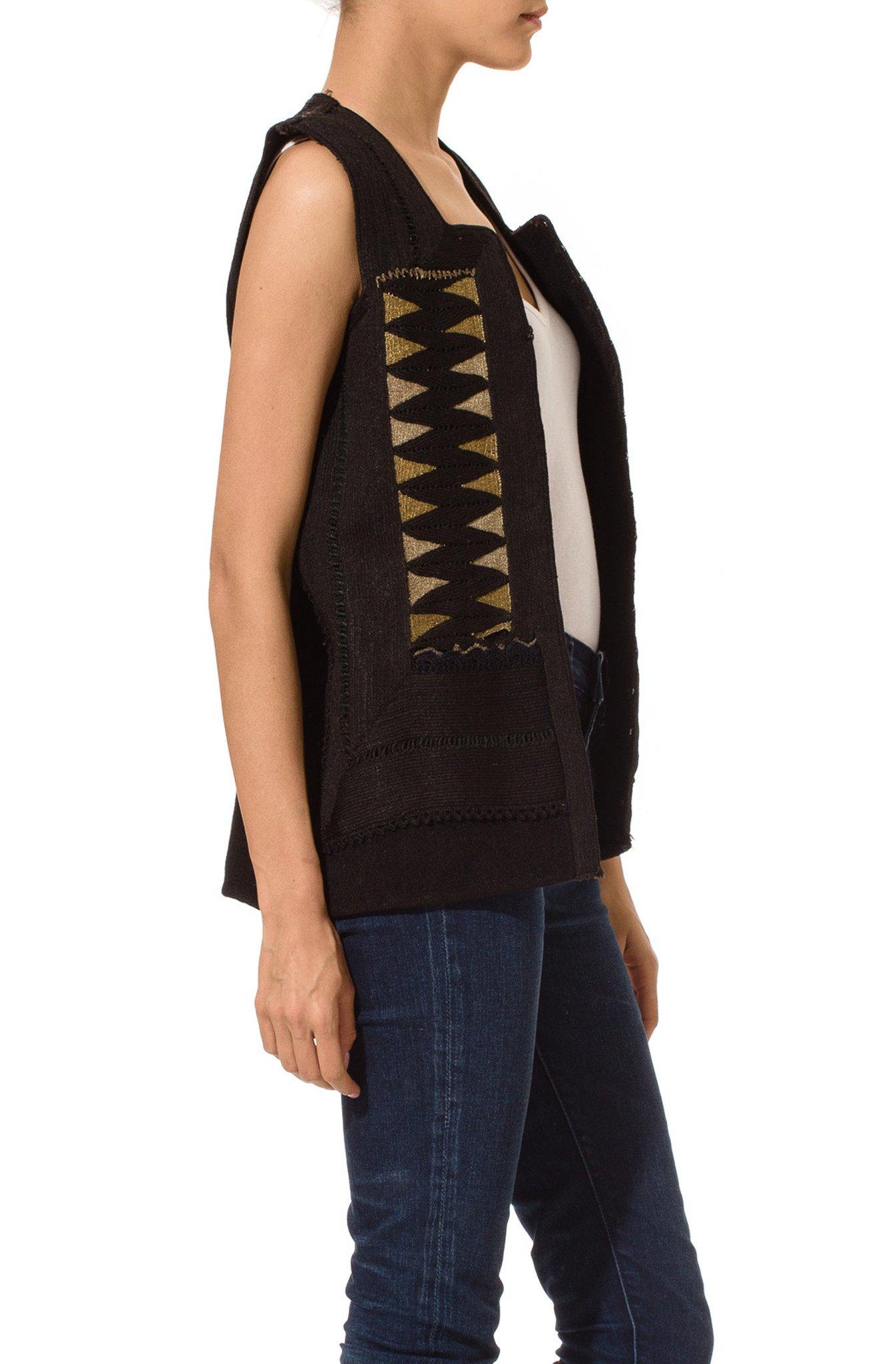 1930S Black African Wool Vest With Metallic & Rayon Embroidery In Excellent Condition In New York, NY