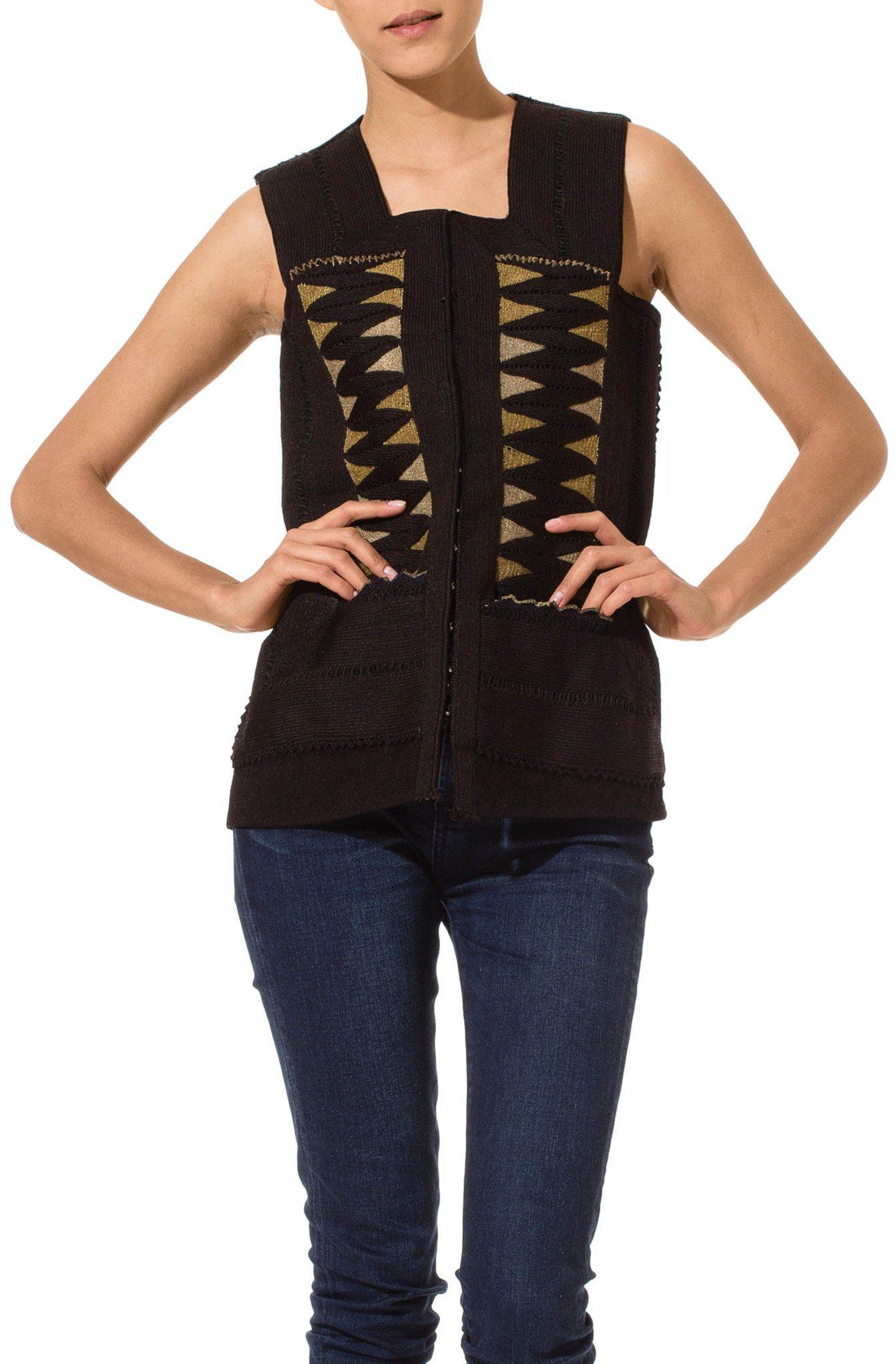 Women's 1930S Black African Wool Vest With Metallic & Rayon Embroidery