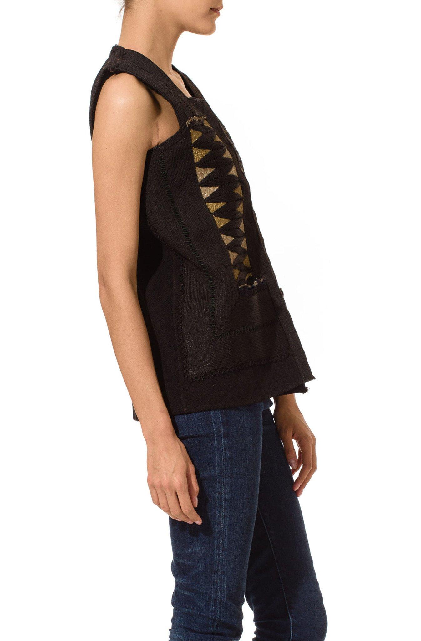 1930S Black African Wool Vest With Metallic & Rayon Embroidery 1