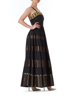 1940S Black & Gold Rayon Taffeta Ball Gown With Hand Embroidered Hem Bodice