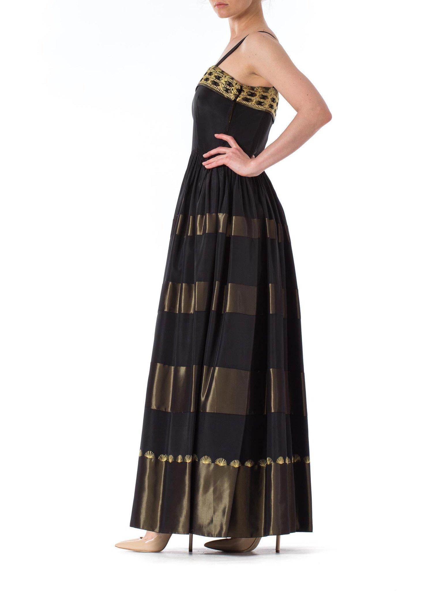 1940S Black & Gold Rayon Taffeta Ball Gown With Hand Embroidered Hem Bodice In Excellent Condition For Sale In New York, NY