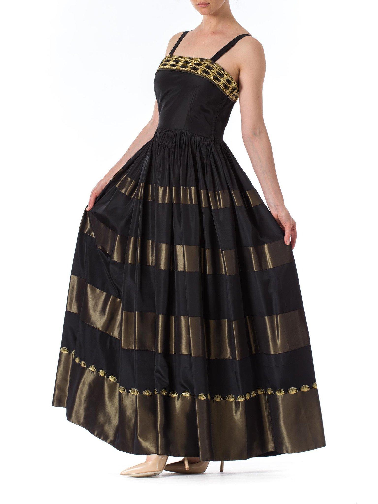 Women's 1940S Black & Gold Rayon Taffeta Ball Gown With Hand Embroidered Hem Bodice For Sale