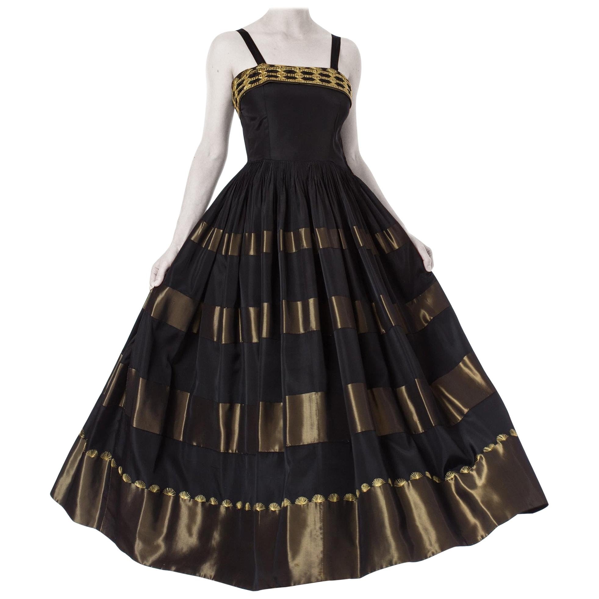 1940S Black & Gold Rayon Taffeta Ball Gown With Hand Embroidered Hem Bodice For Sale