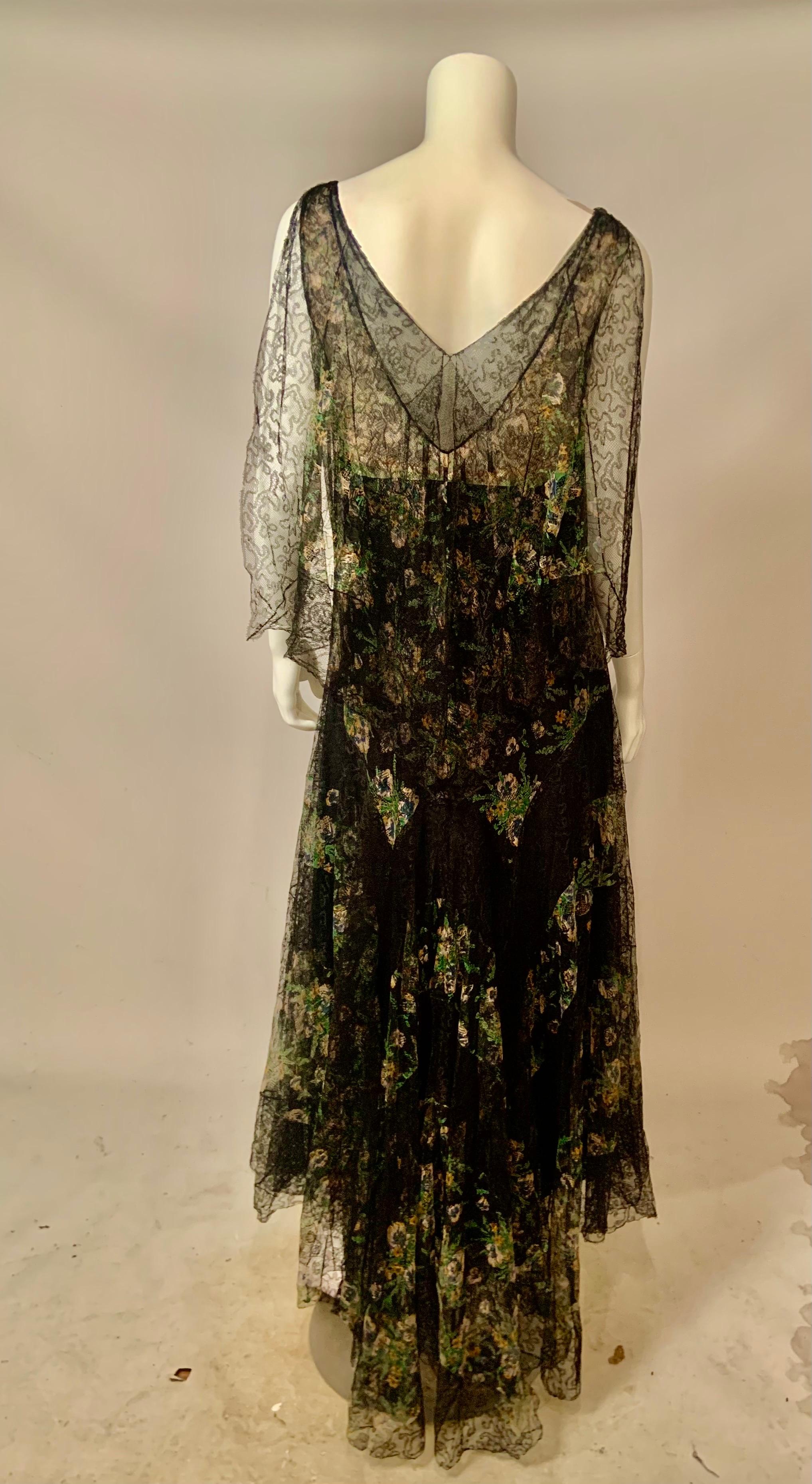 1930's Black and Pastel Lace Evening Dress  Rare Larger Size For Sale 7