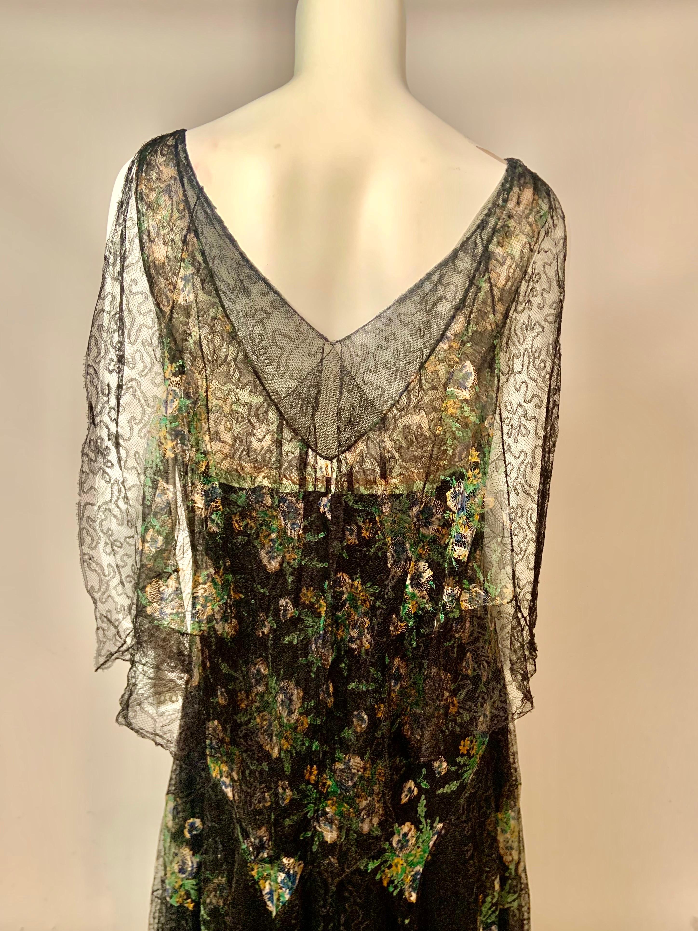 1930's Black and Pastel Lace Evening Dress  Rare Larger Size For Sale 8