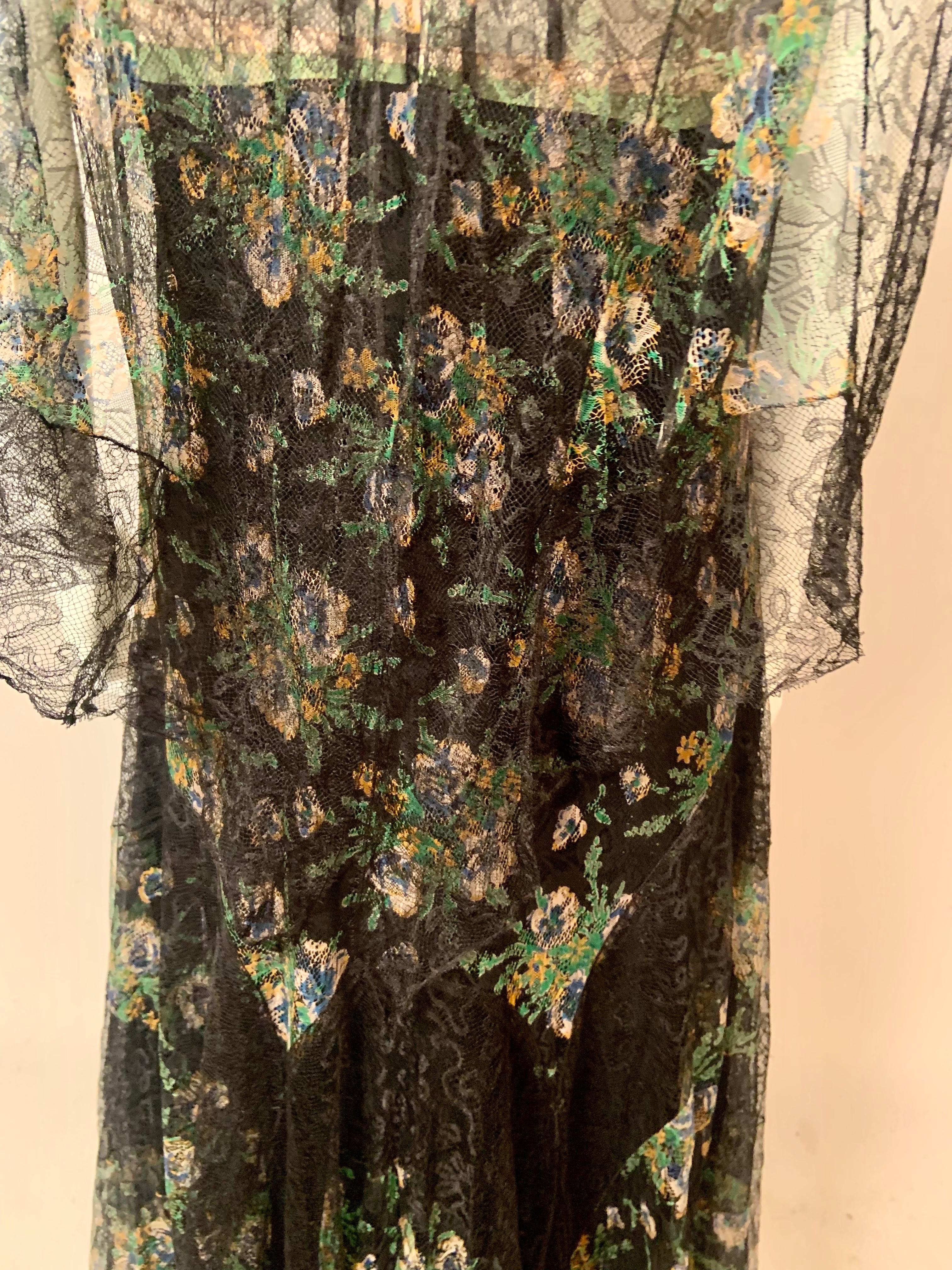 1930's Black and Pastel Lace Evening Dress  Rare Larger Size For Sale 11