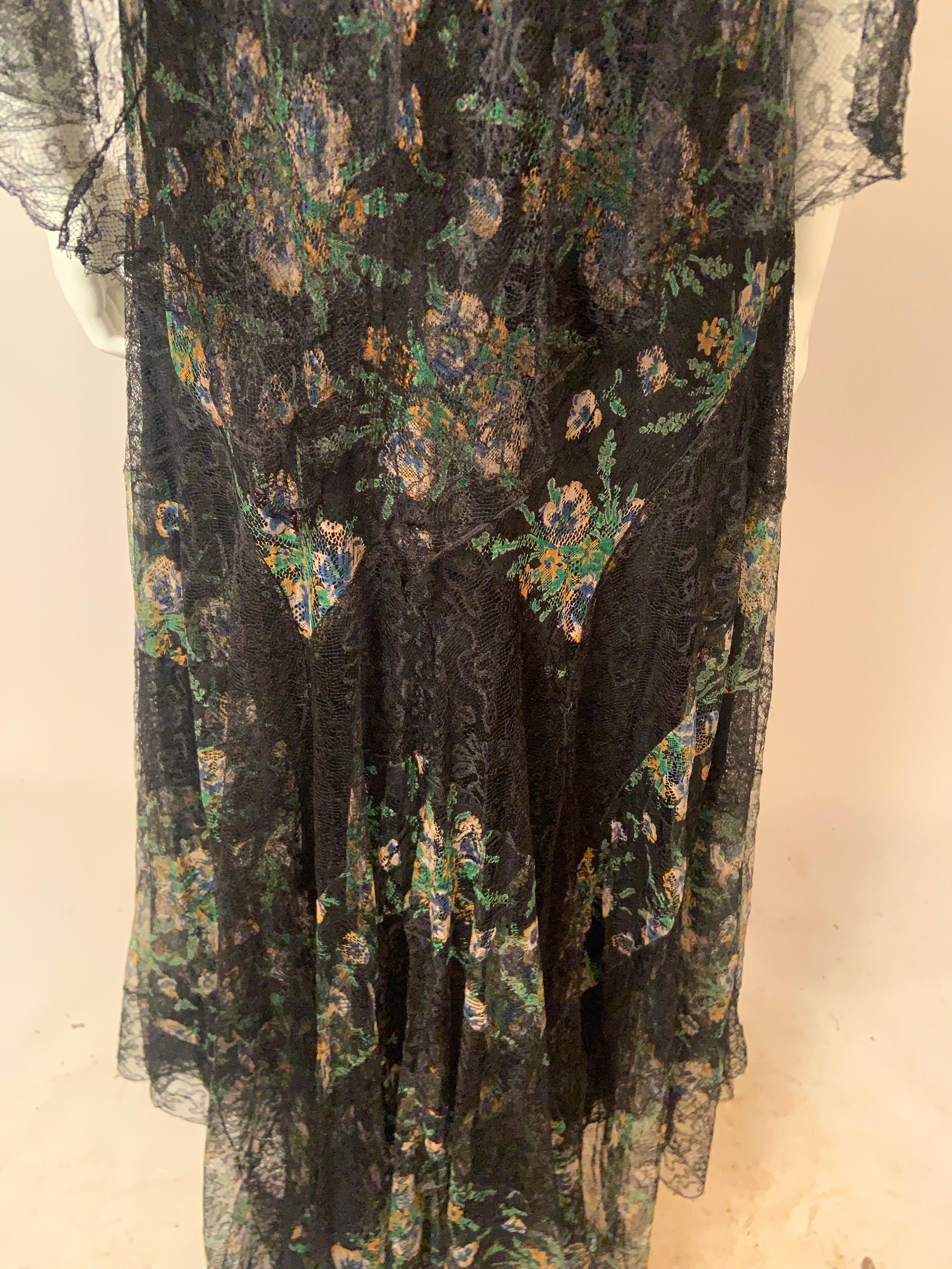 1930's Black and Pastel Lace Evening Dress  Rare Larger Size For Sale 13