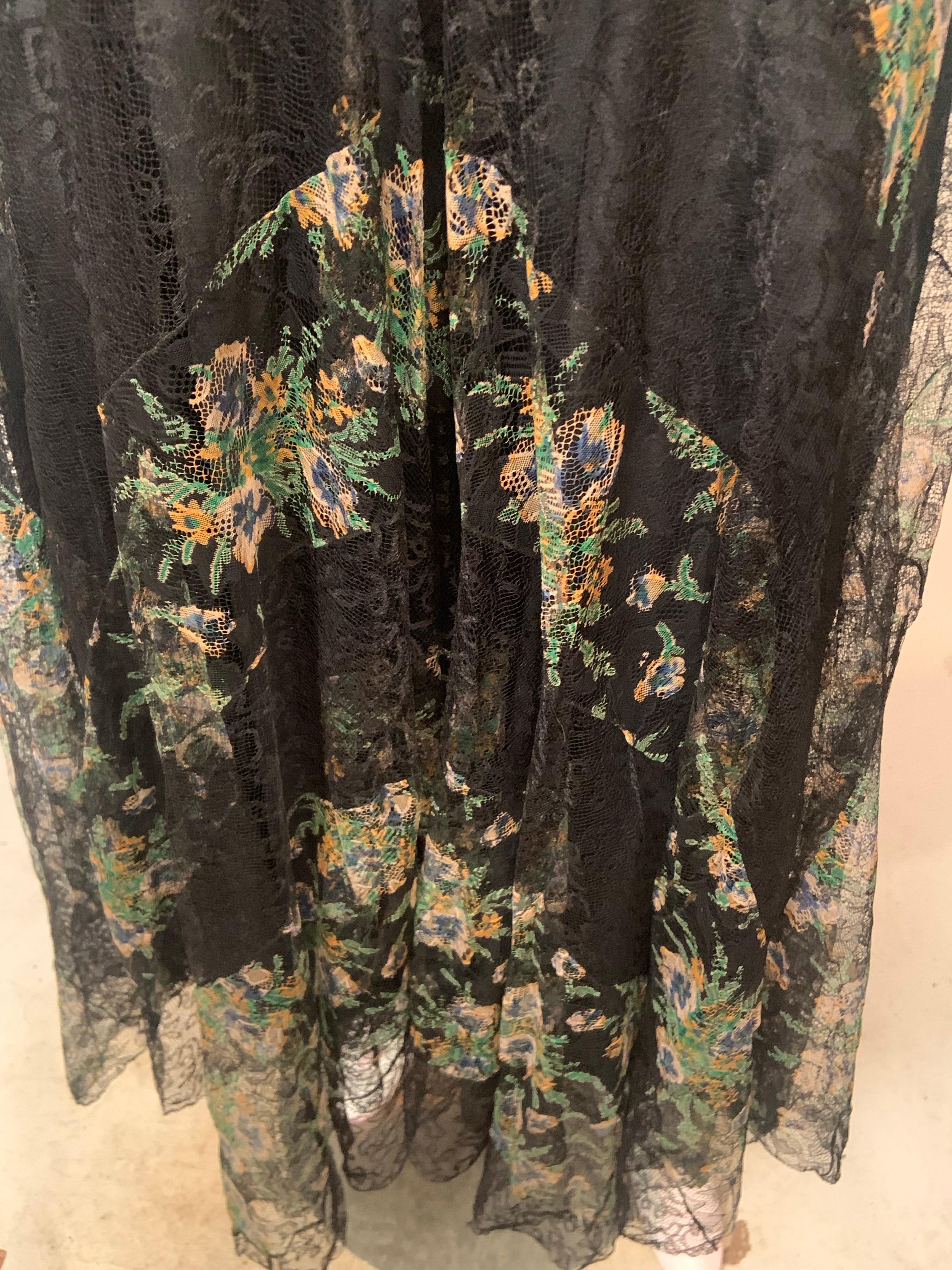 1930's Black and Pastel Lace Evening Dress  Rare Larger Size For Sale 14