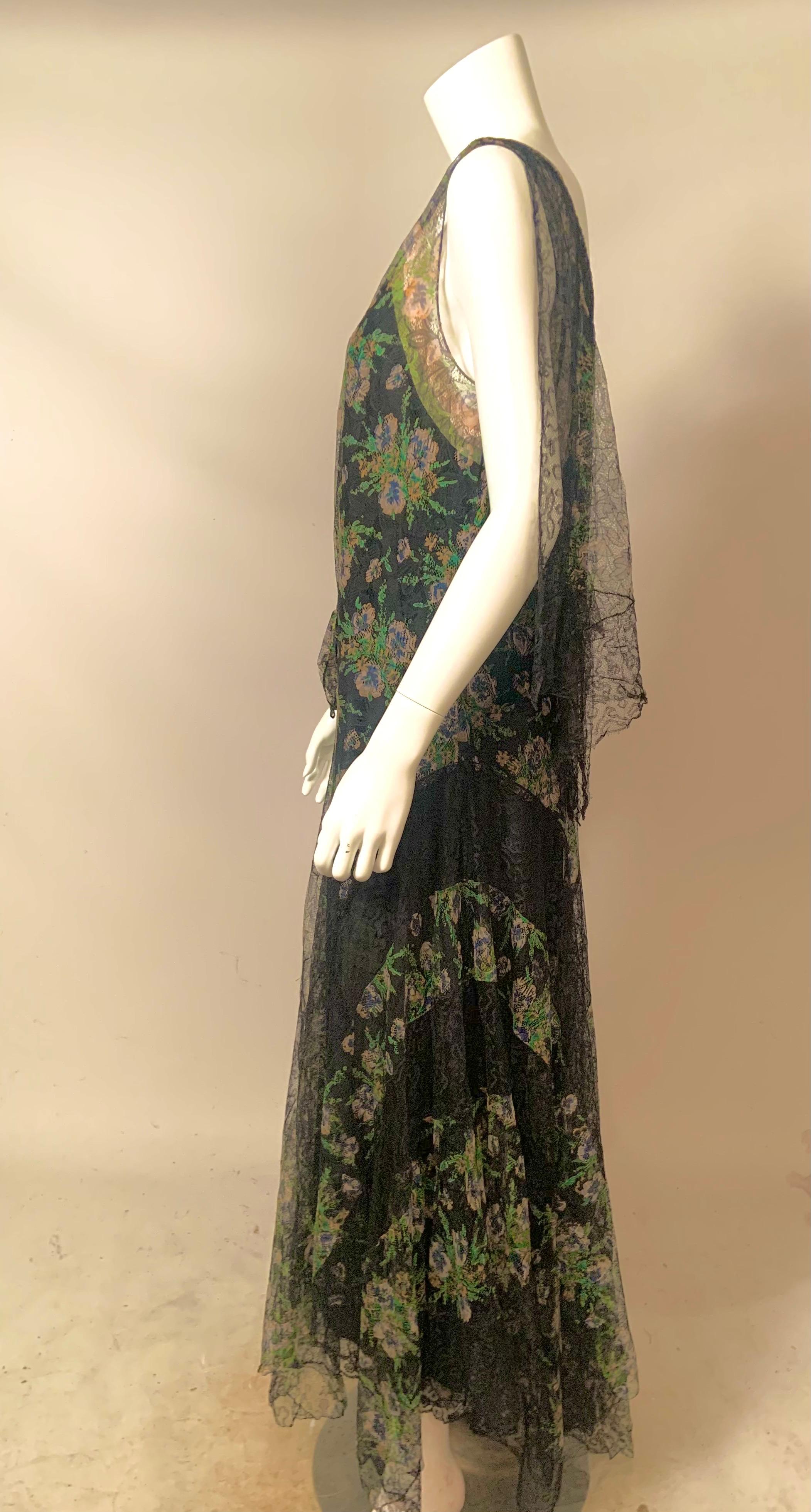 1930's Black and Pastel Lace Evening Dress  Rare Larger Size For Sale 15