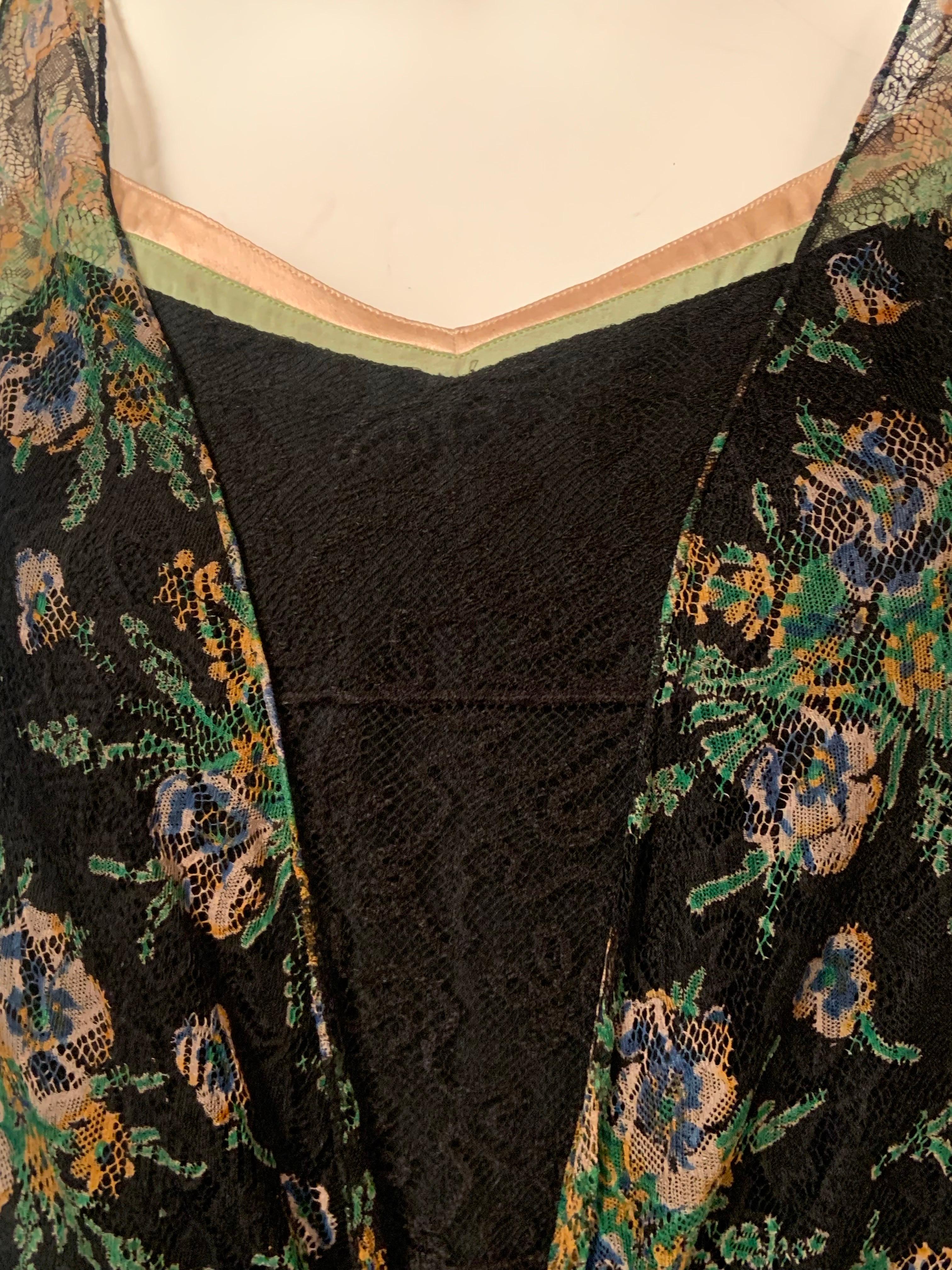1930's Black and Pastel Lace Evening Dress  Rare Larger Size In Excellent Condition For Sale In New Hope, PA