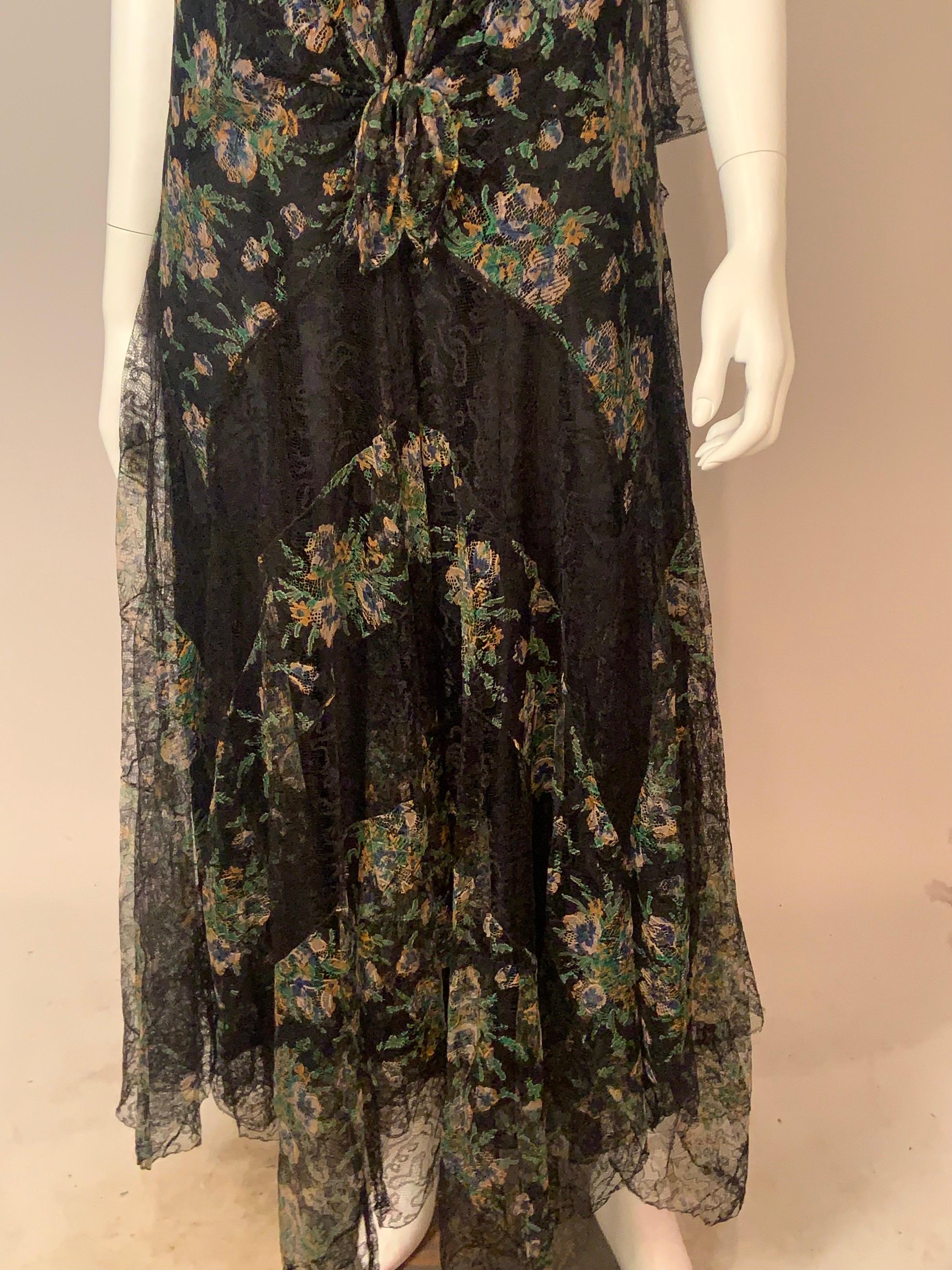 1930's Black and Pastel Lace Evening Dress  Rare Larger Size For Sale 2