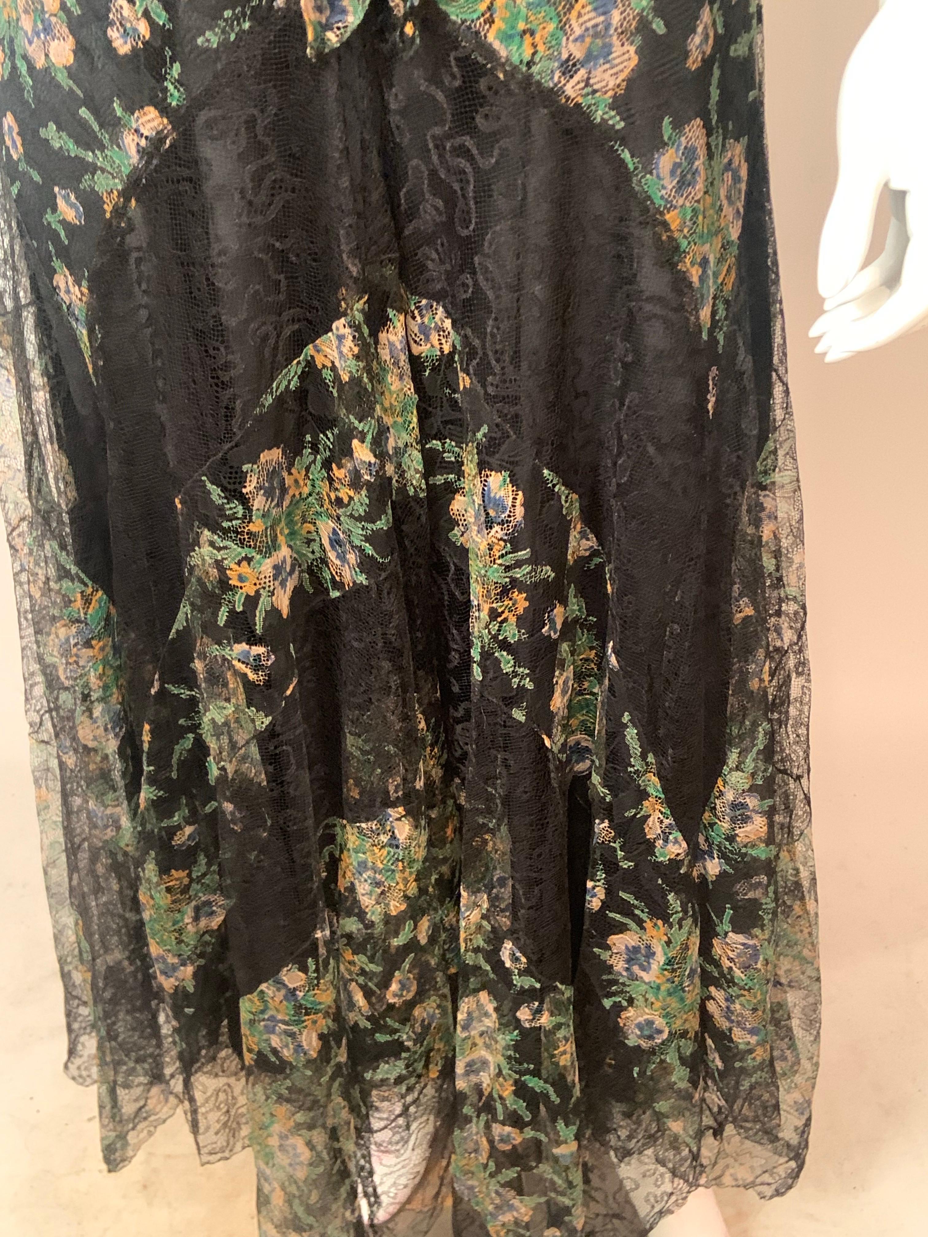 1930's Black and Pastel Lace Evening Dress  Rare Larger Size For Sale 3
