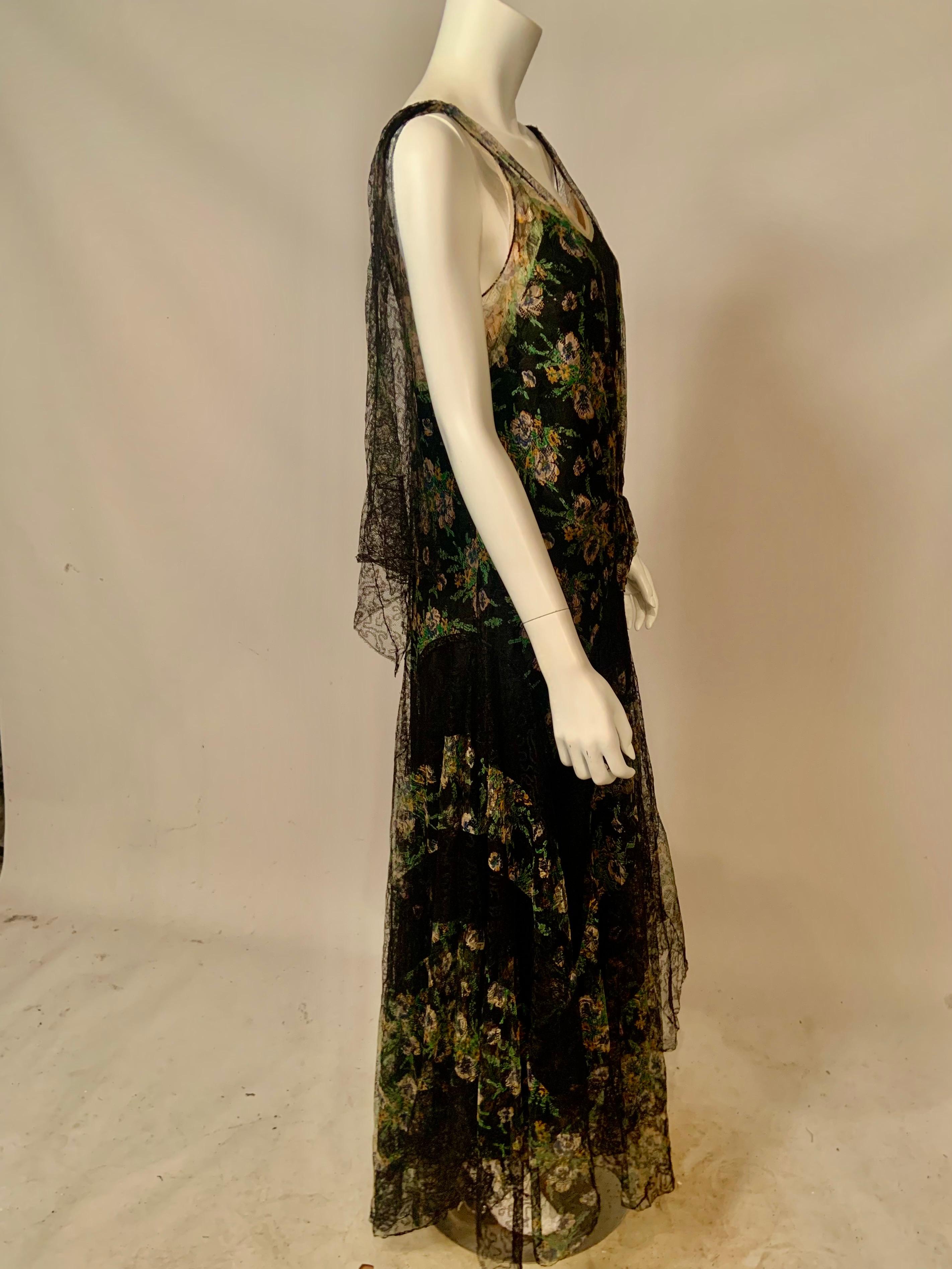 1930's Black and Pastel Lace Evening Dress  Rare Larger Size For Sale 4