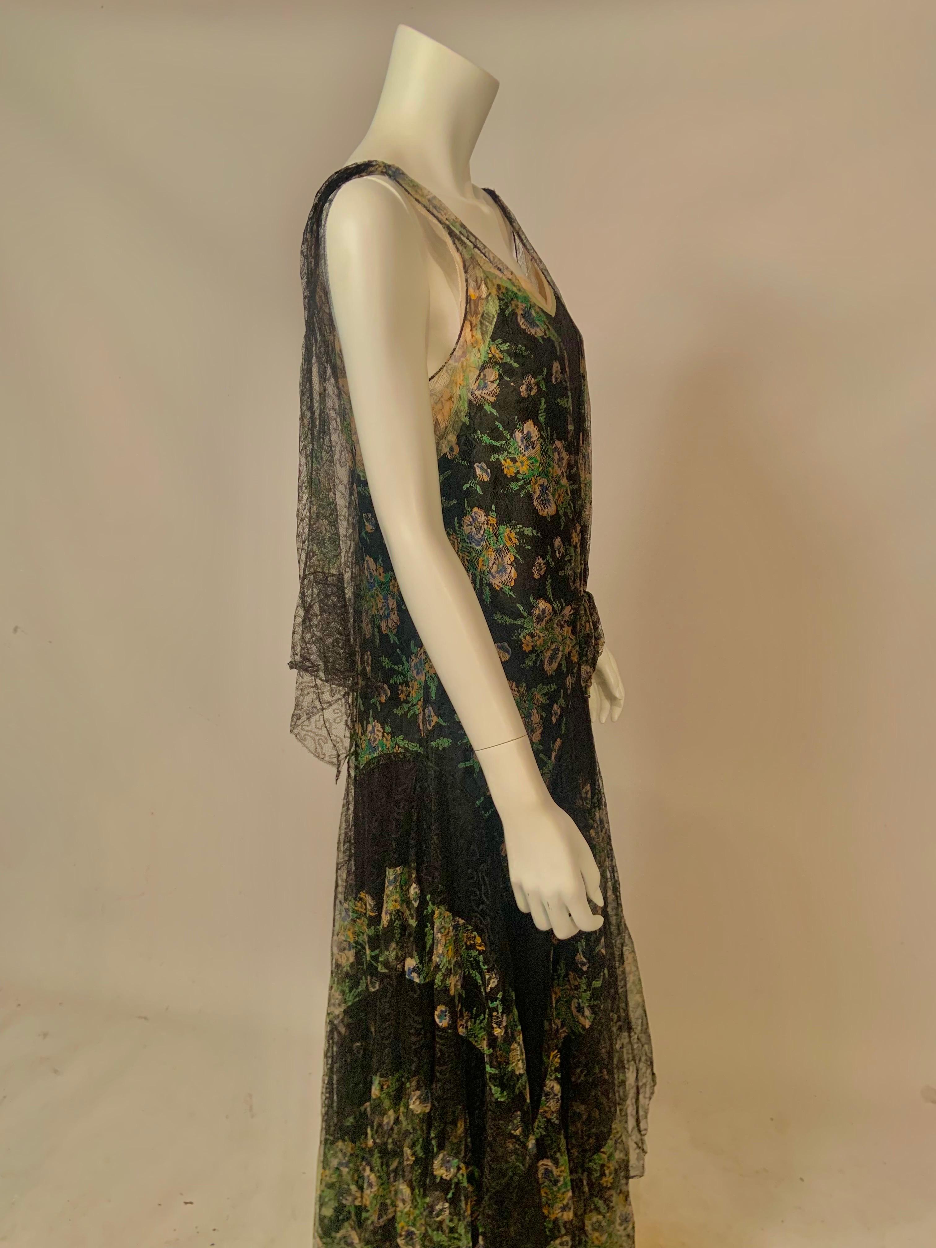 1930's Black and Pastel Lace Evening Dress  Rare Larger Size For Sale 5