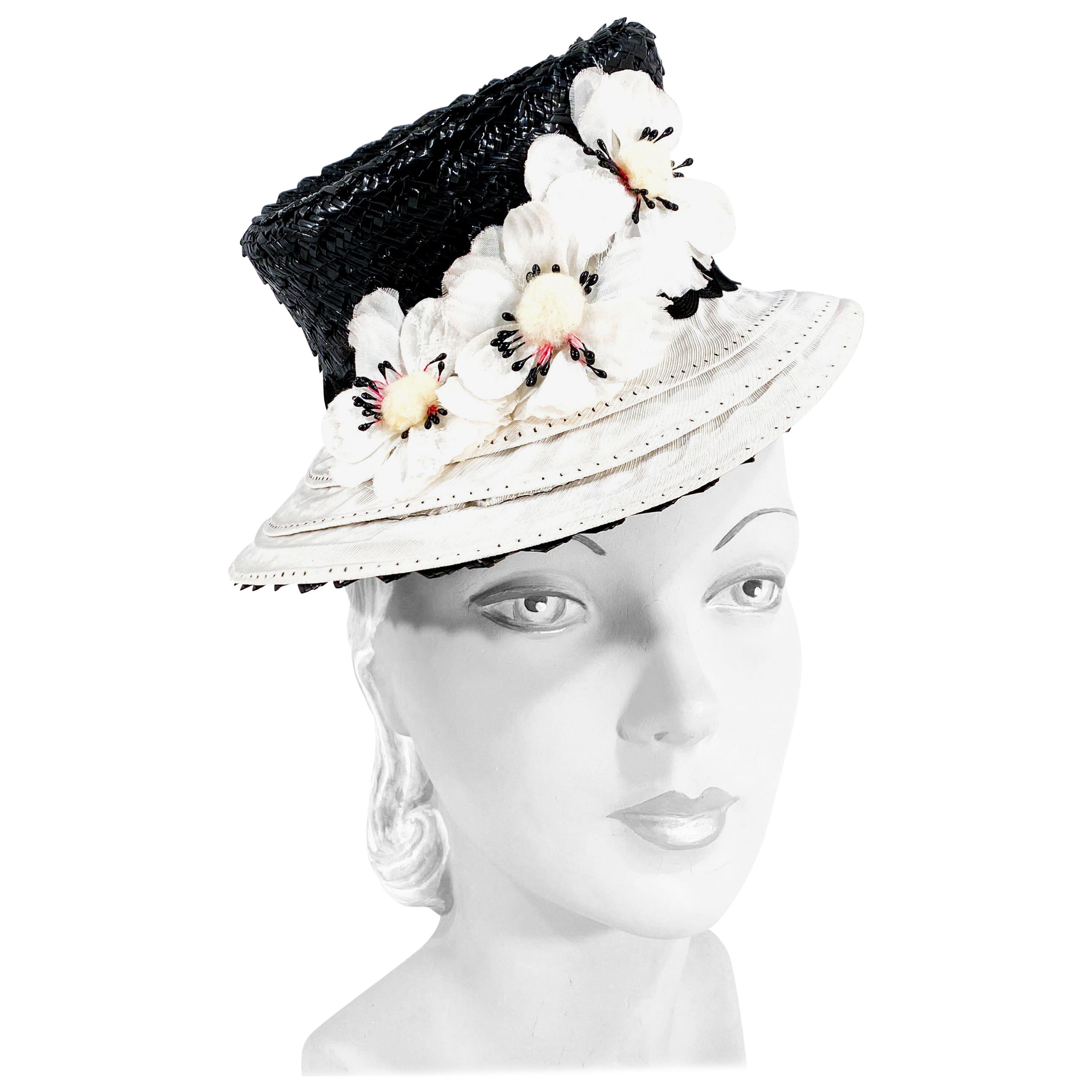 1930s Black and White Woven Straw Toy Hat