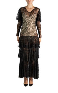 1930S Black Antique Lace Ruffle Dress