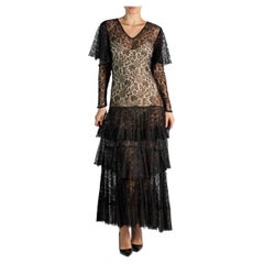 1930S Black Antique Lace Ruffle Dress