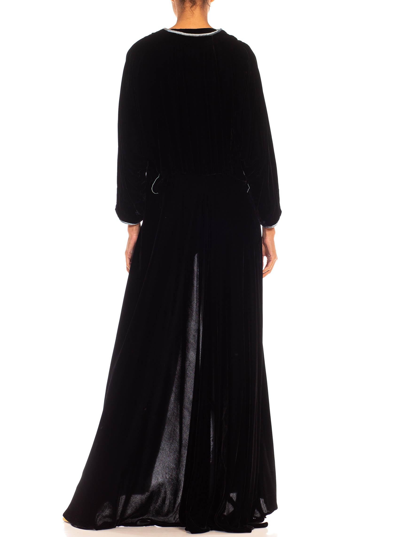 1930S Black & Aqua Trim Silk/Rayon Velvet Robe For Sale 2