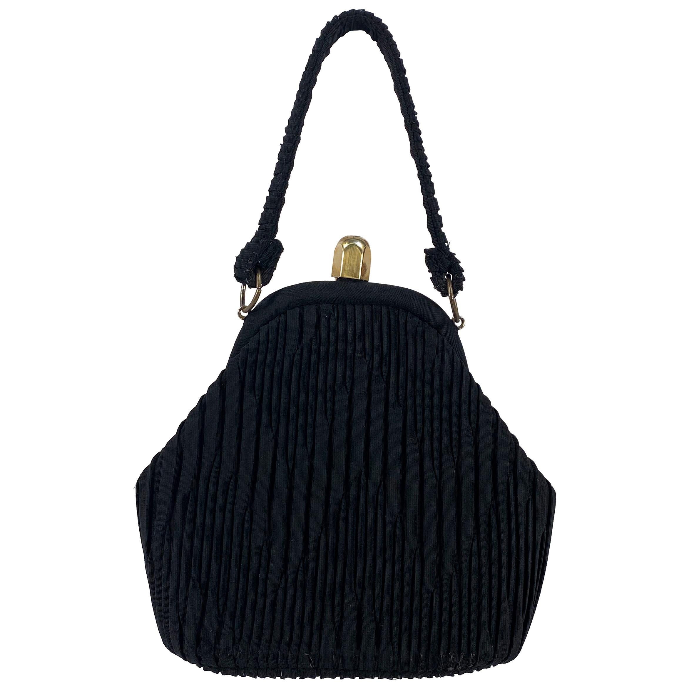 1930s Black Art Deco Handbag with Decorative Pleating For Sale