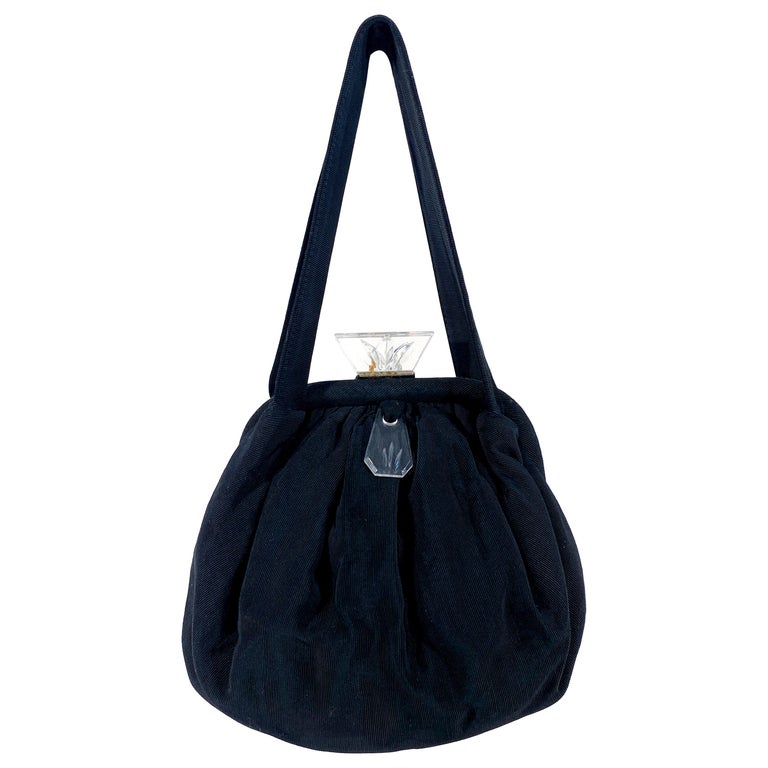 Vintage Small Black Velvet Purse Evening Bag Handbag w/ Lucite Clasp & 2  Handles
