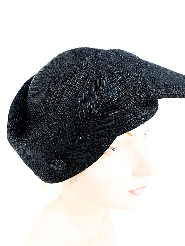 1930s Black Art Deco Woven Hat with Leaf Accent For Sale