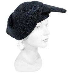 1930s Black Art Deco Woven Hat with Leaf Accent