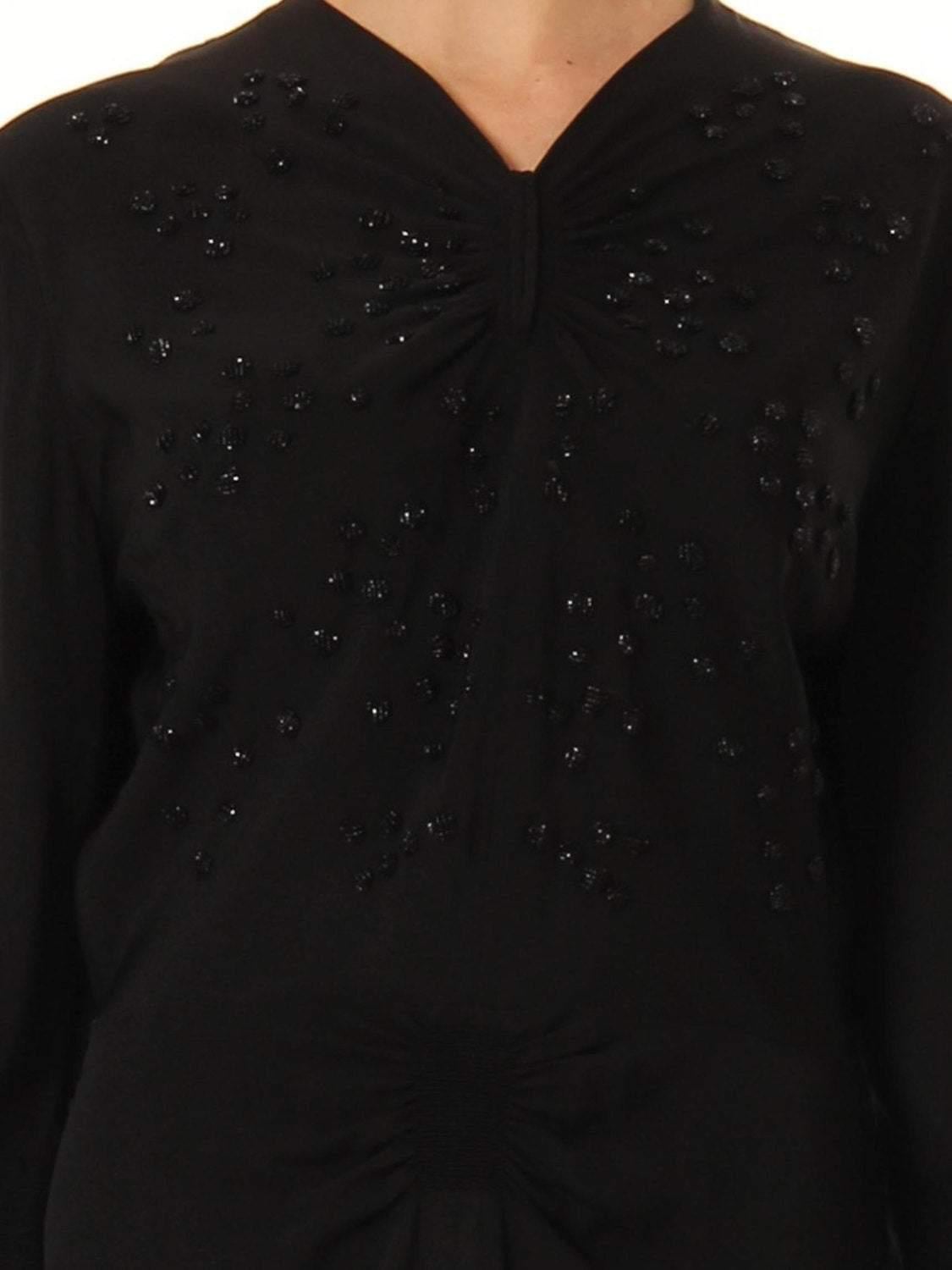 1940S Black Silk Faille Long Sleeve Polka Dot Beaded Cocktail Dress Gathered On In Excellent Condition For Sale In New York, NY